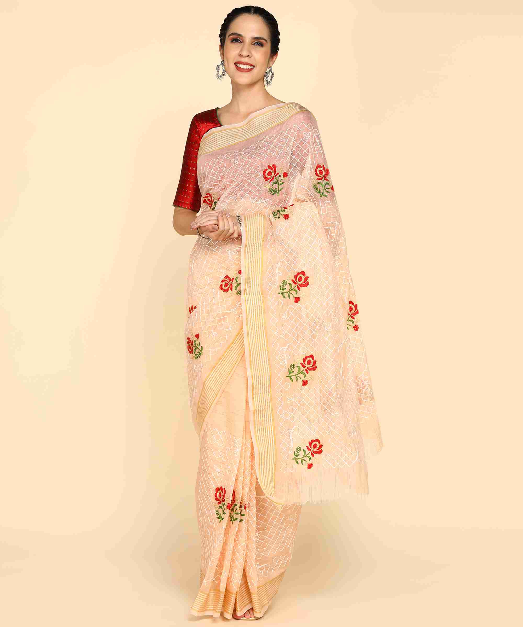 Cream Chanderi Cotton Embroidered Work Saree With Jacquard Blouse Piece