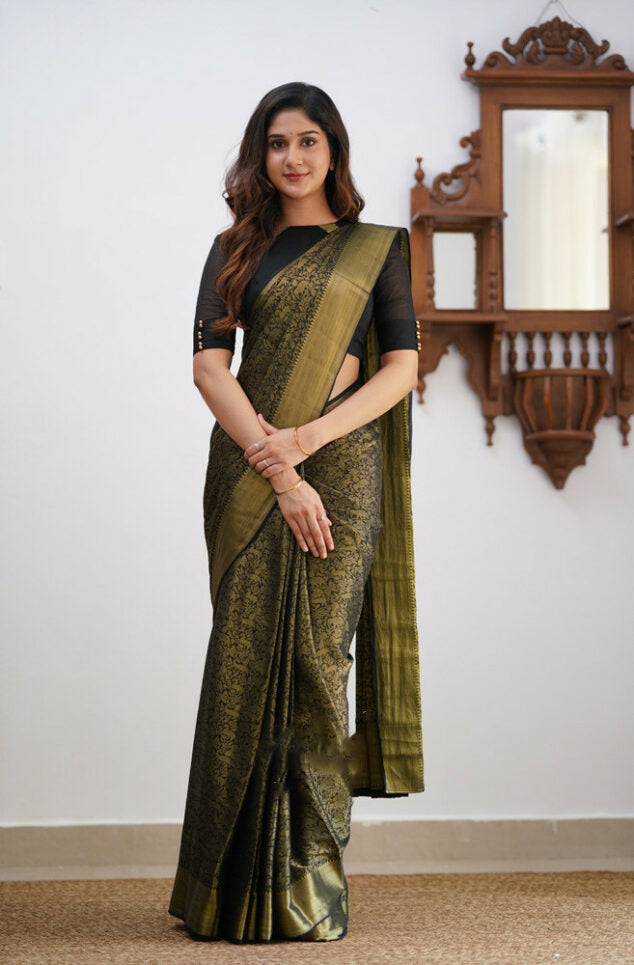 Black Soft Silk Saree With Palimpsest Blouse Piece