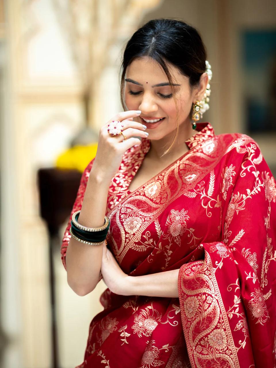 Red Banarasi Silk Saree with  Embellishments and Intricate Festive Wear