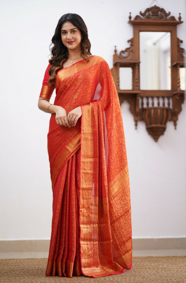 Red Soft Silk Saree With Fancifull Blouse Piece