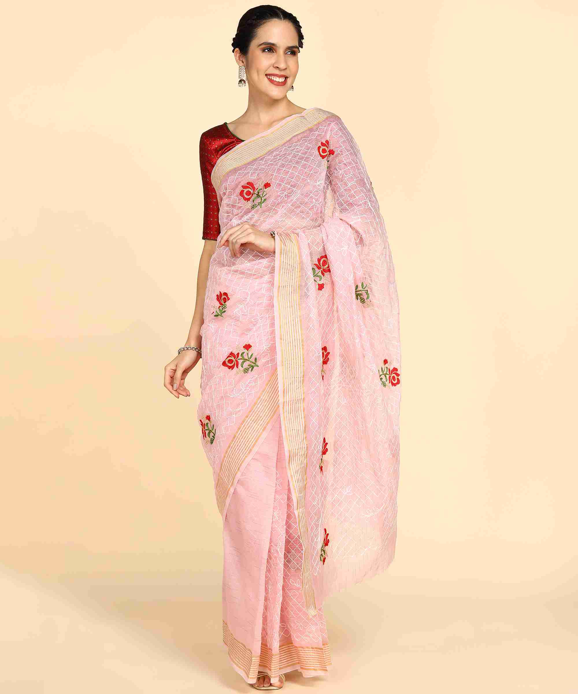 Light Pink Chanderi Cotton Embroidered Work Saree With Jacquard Blouse Piece