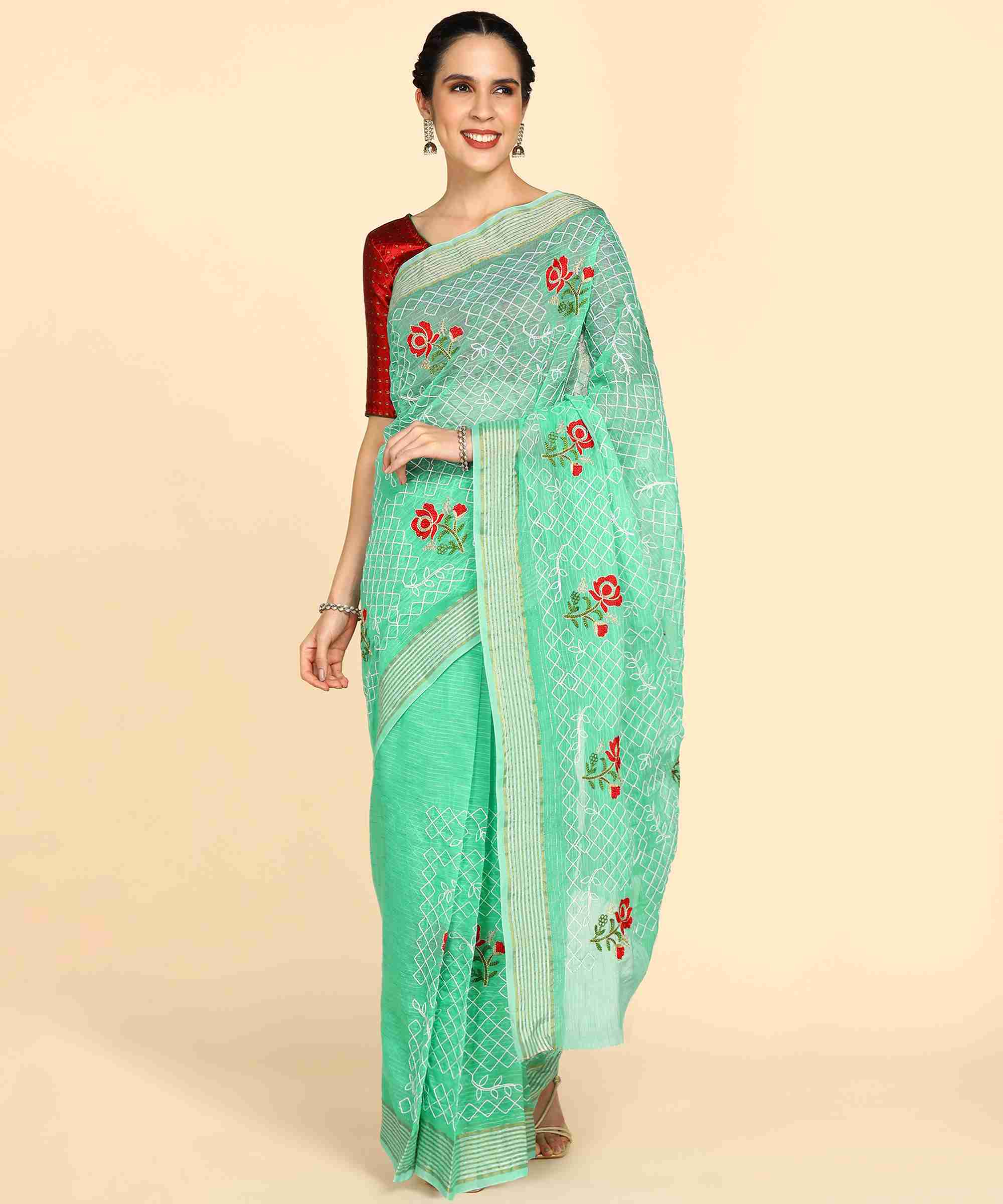 Light Green Chanderi Cotton Embroidered Work Saree With Jacquard Blouse Piece