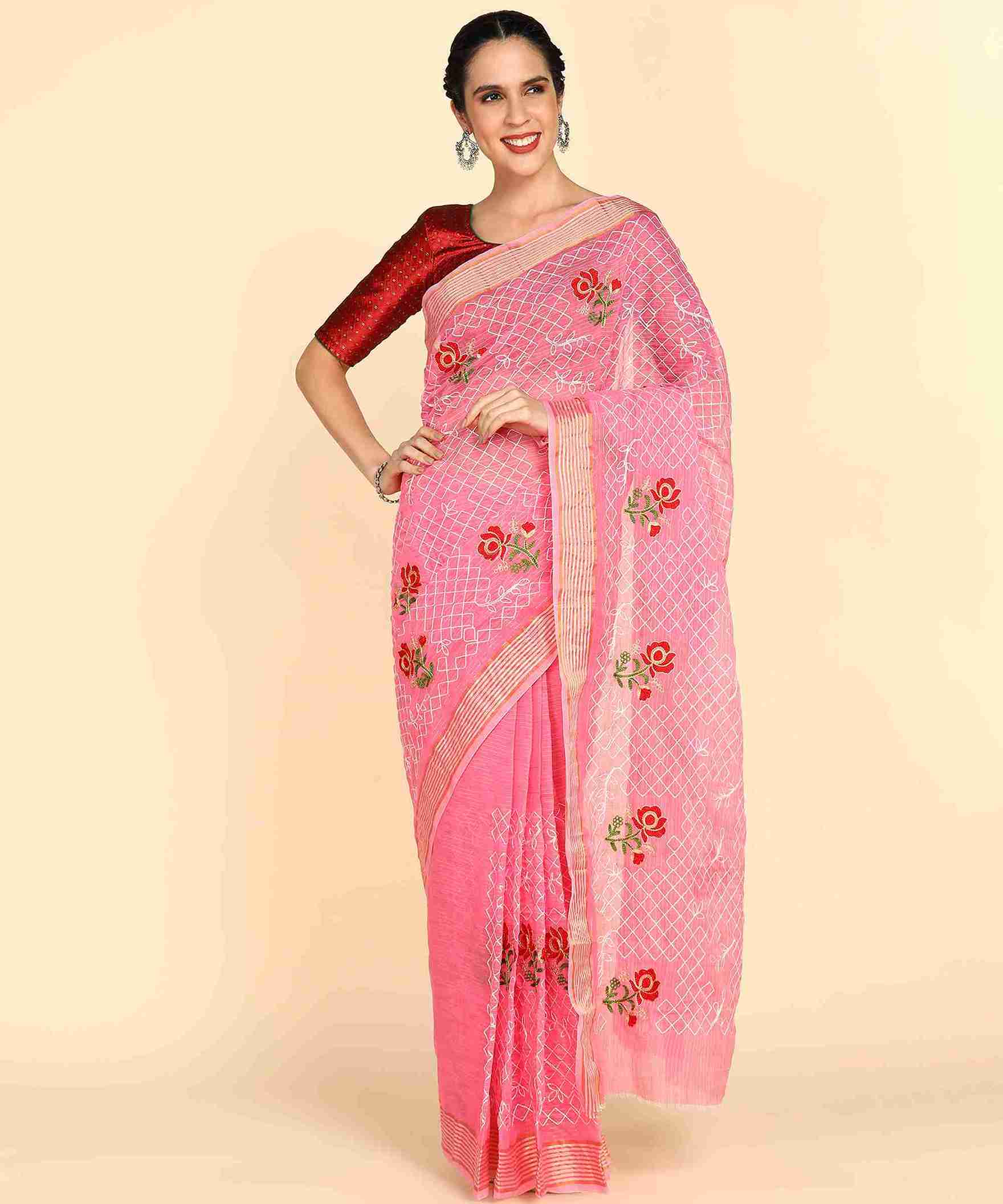 Pink Chanderi Cotton Embroidered Work Saree With Jacquard Blouse Piece