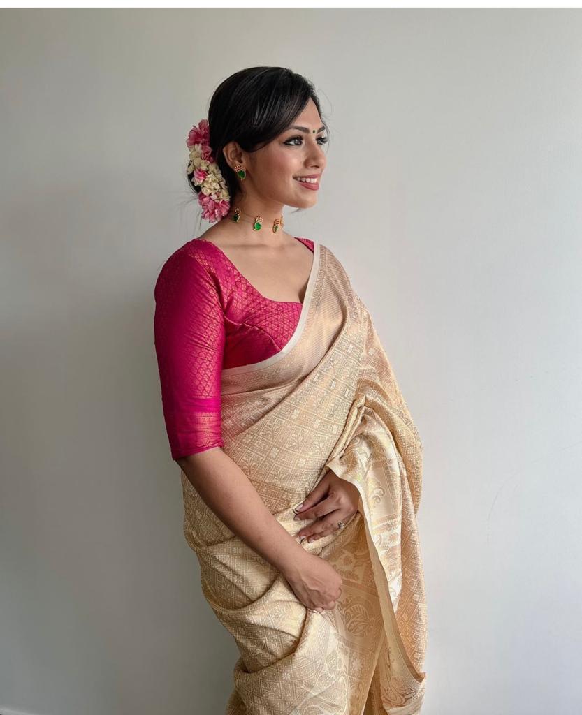 Beige Soft Silk Saree With Pretty Blouse Piece