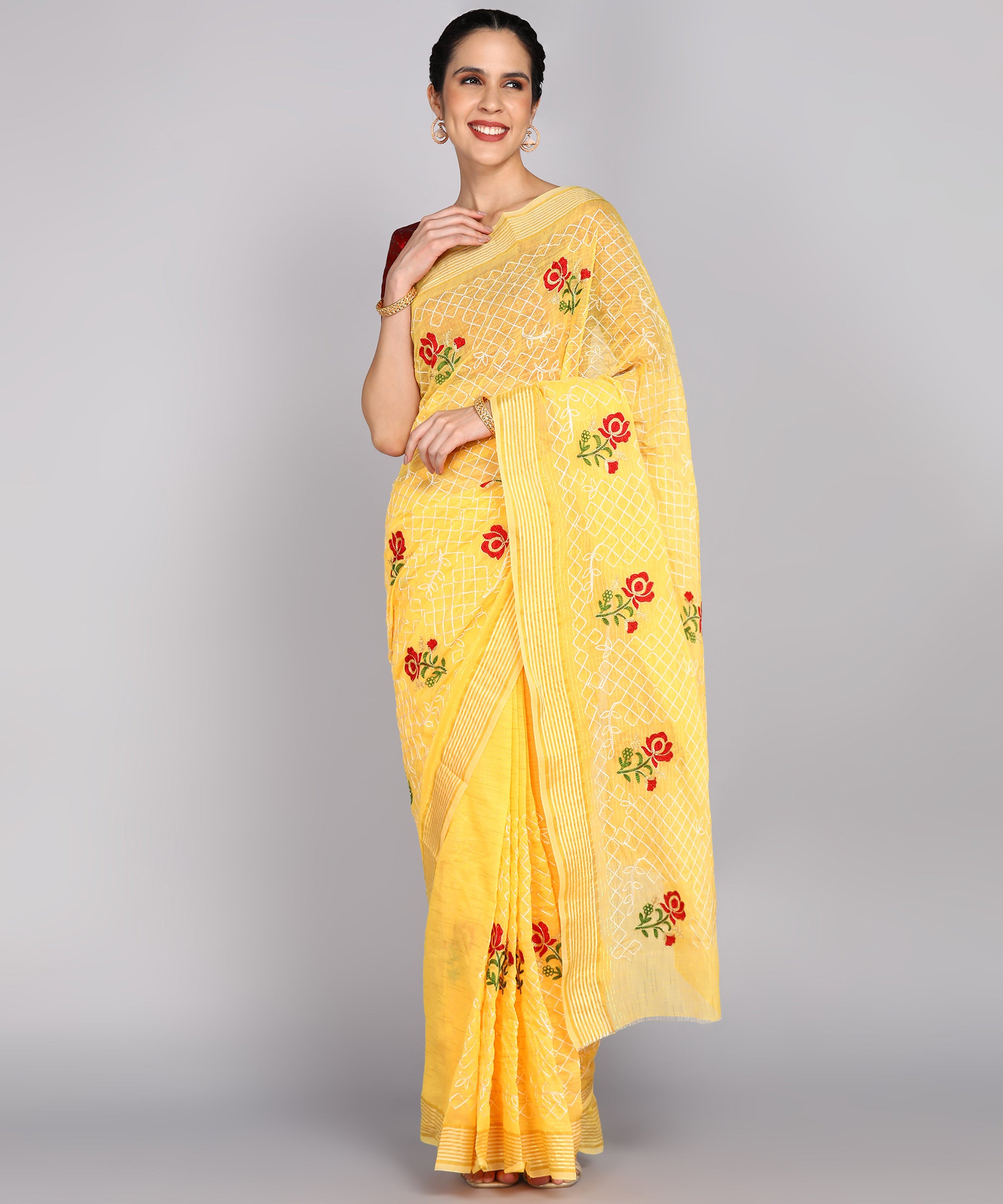 Yellow Chanderi  Embroidered Work Saree With Jacquard Blouse Piece