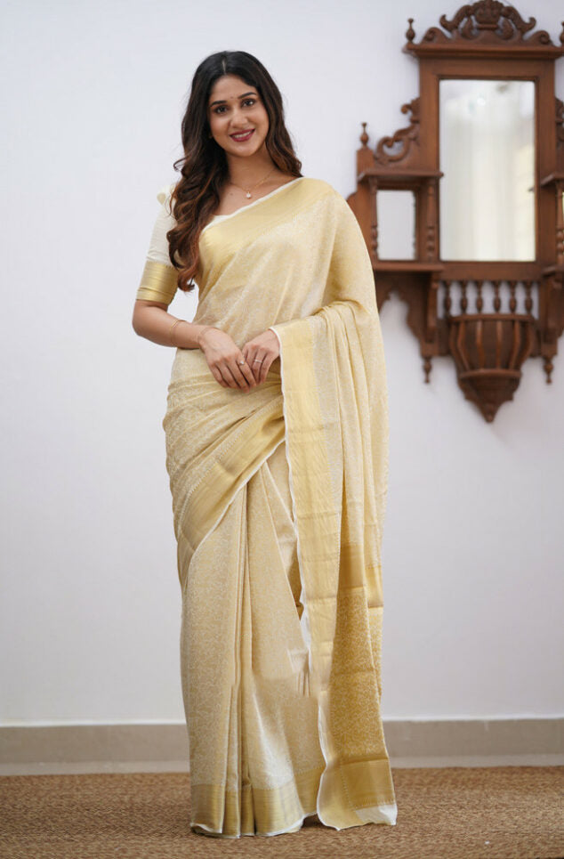 Beige Soft Silk Saree With Scrumptious Blouse Piece