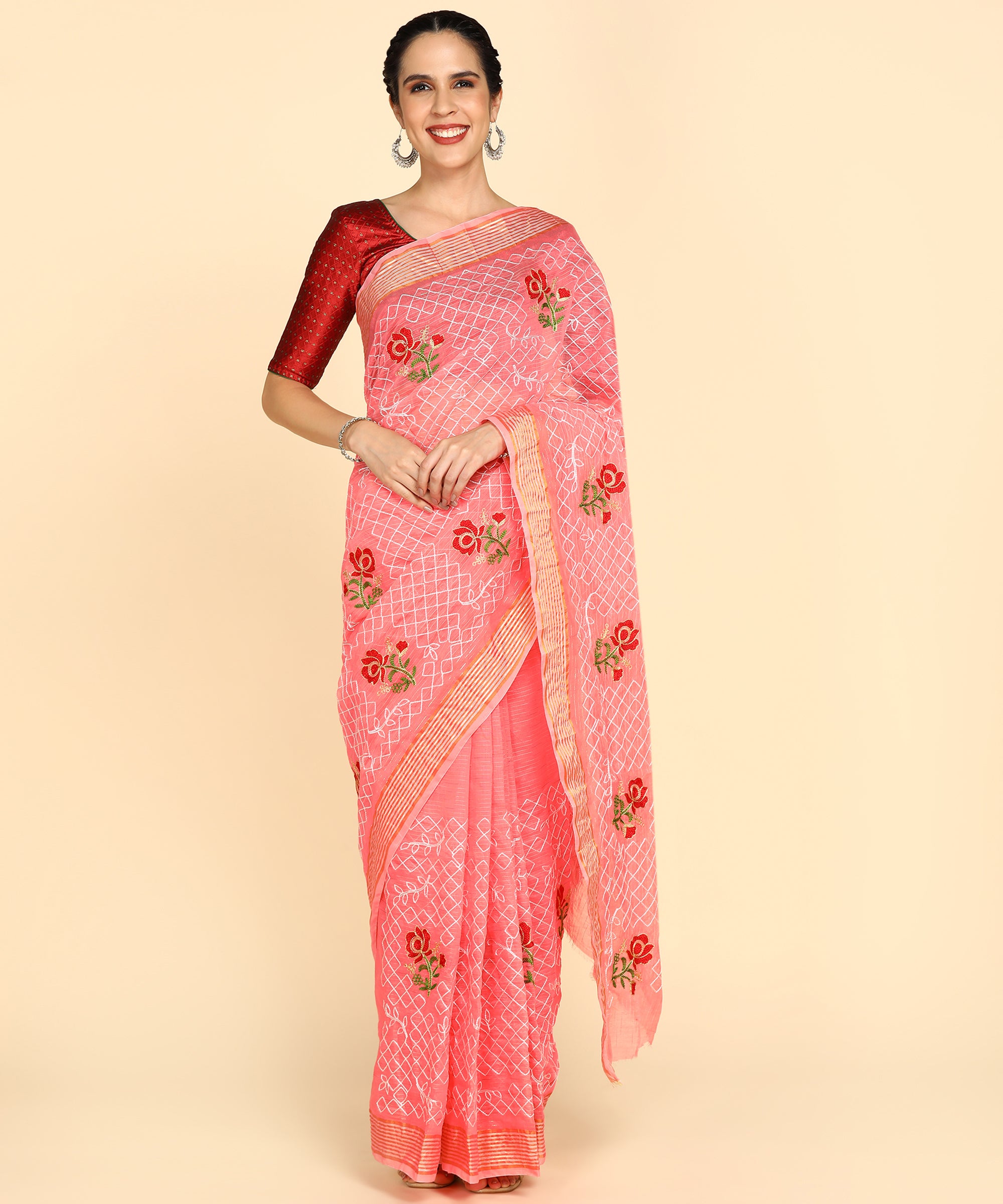 Peach Chanderi Cotton Embroidered Work Saree With Jacquard Blouse Piece
