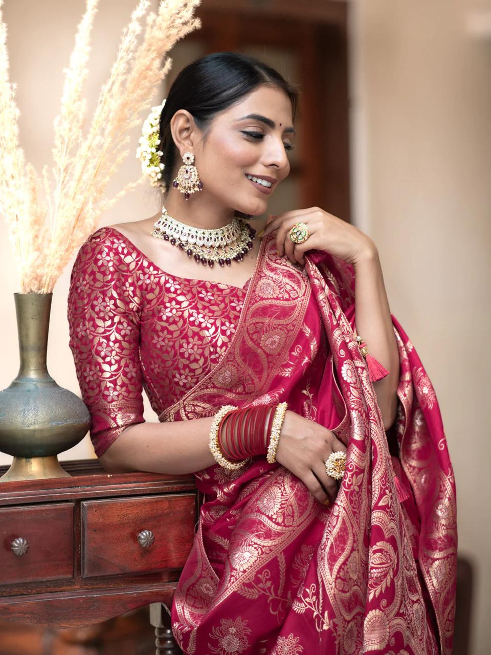 Pink Banarasi Silk Saree with  Embellishments and Intricate Festive Wear