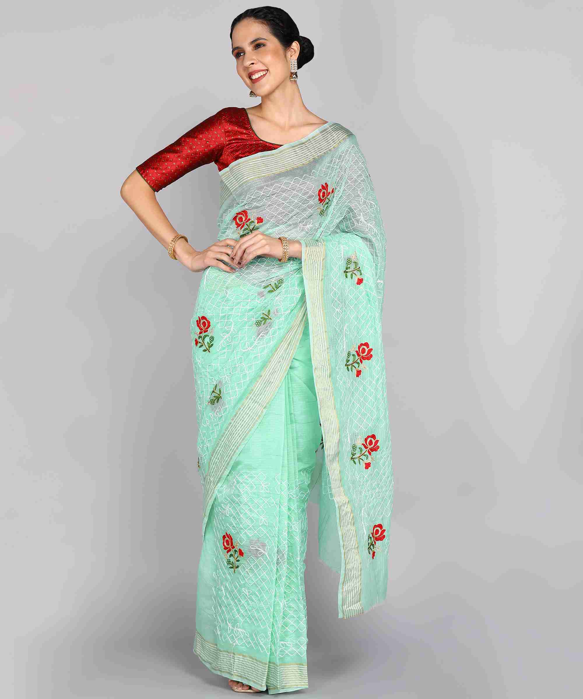 Light Blue Chanderi Silk Embroidered Work Saree With Jacquard Blouse Piece