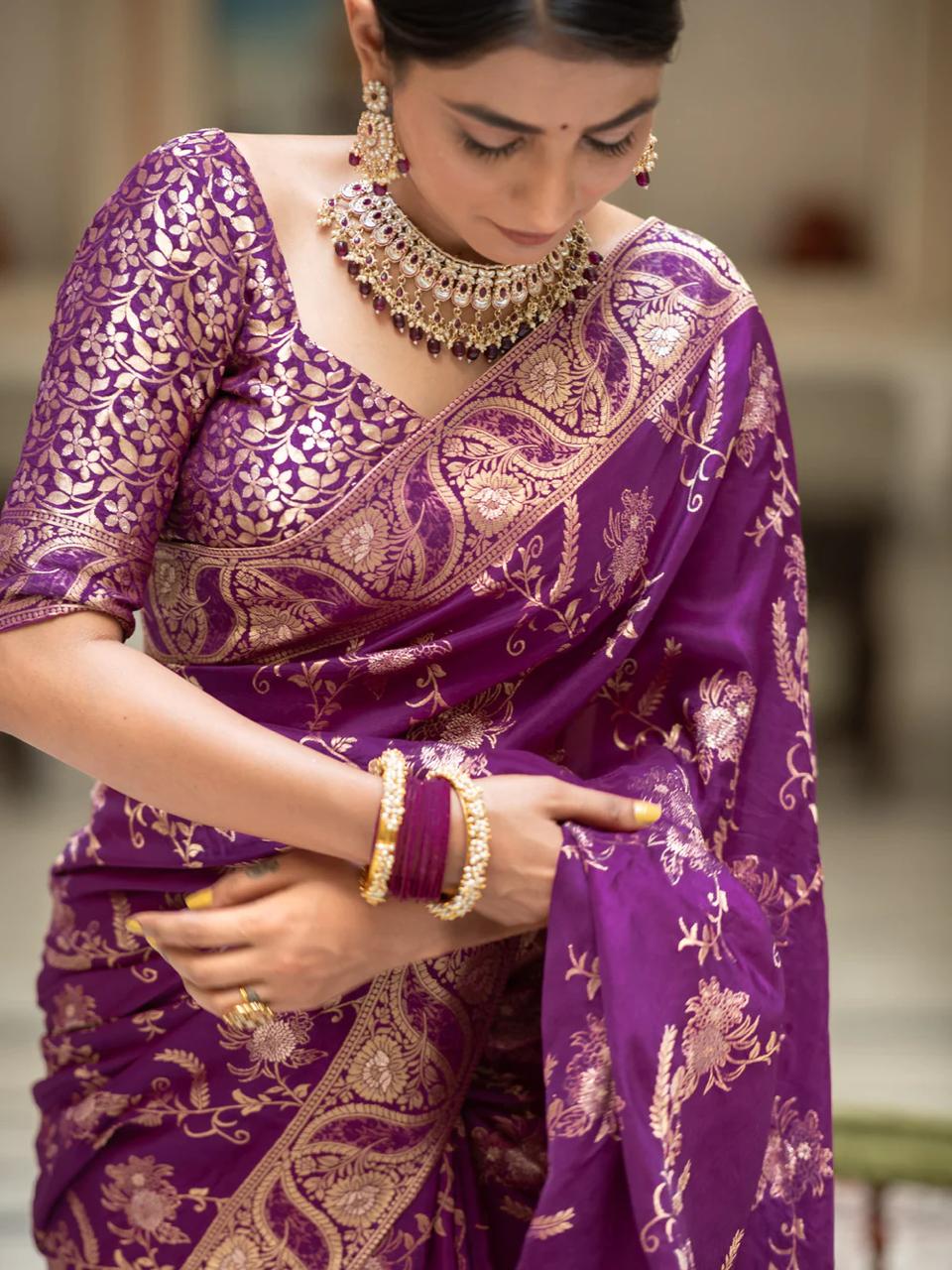 Purple Banarasi Silk Saree with  Embellishments and Intricate Festive Wear