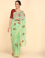 Dark Pista Green Chanderi Cotton Embroidered Work Saree With Jacquard Blouse Piece