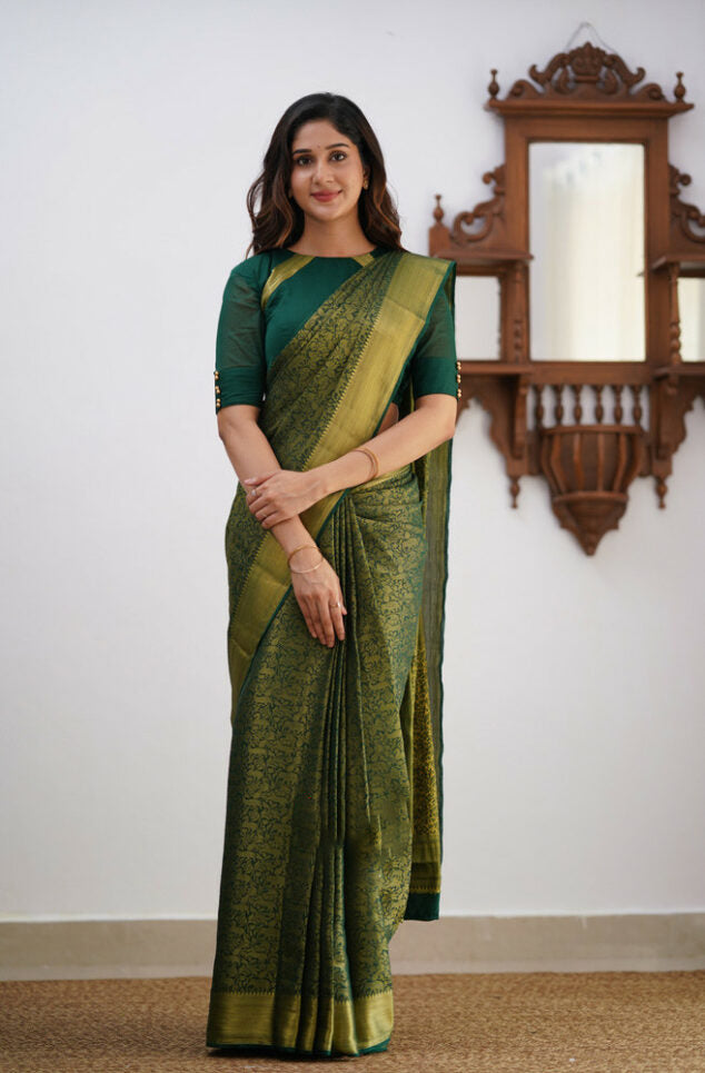 Dark Green Soft Silk Saree With Diaphanous Blouse Piece