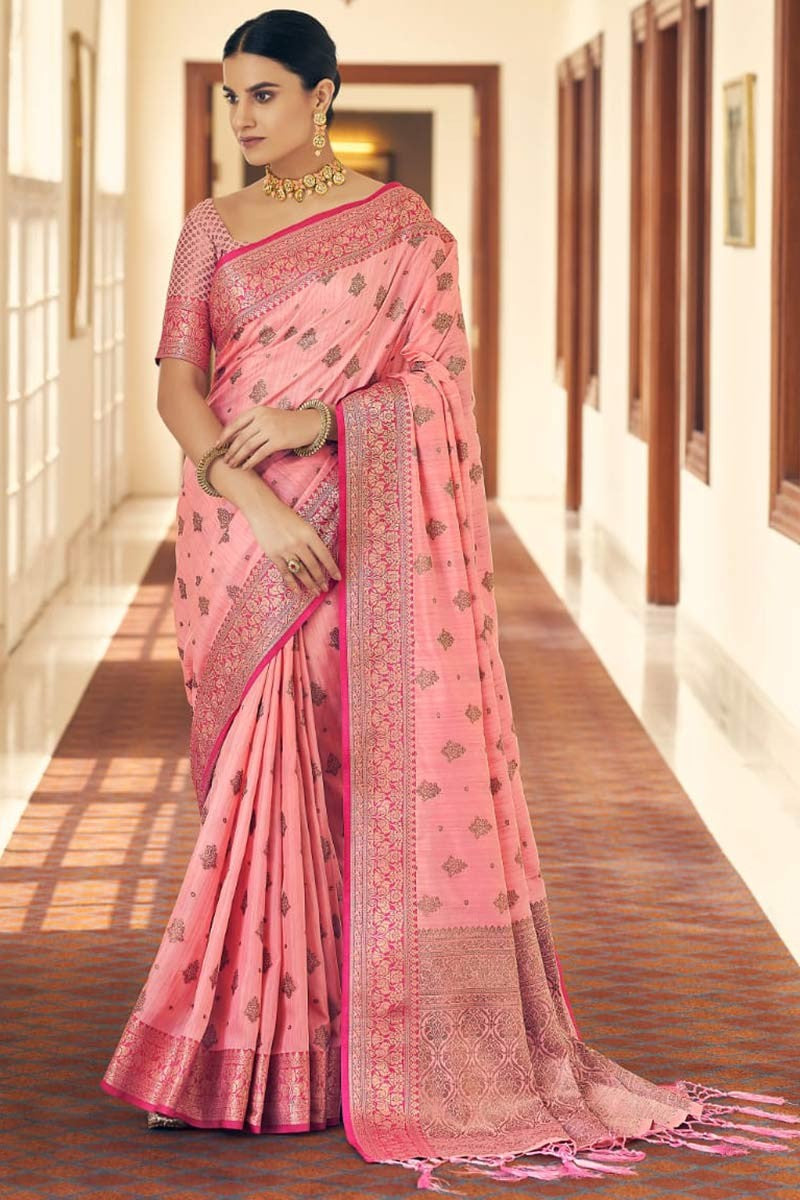 Luxuriant Pink Zari Work Soft Banarasi Silk Saree With Beautiful Blouse Piece