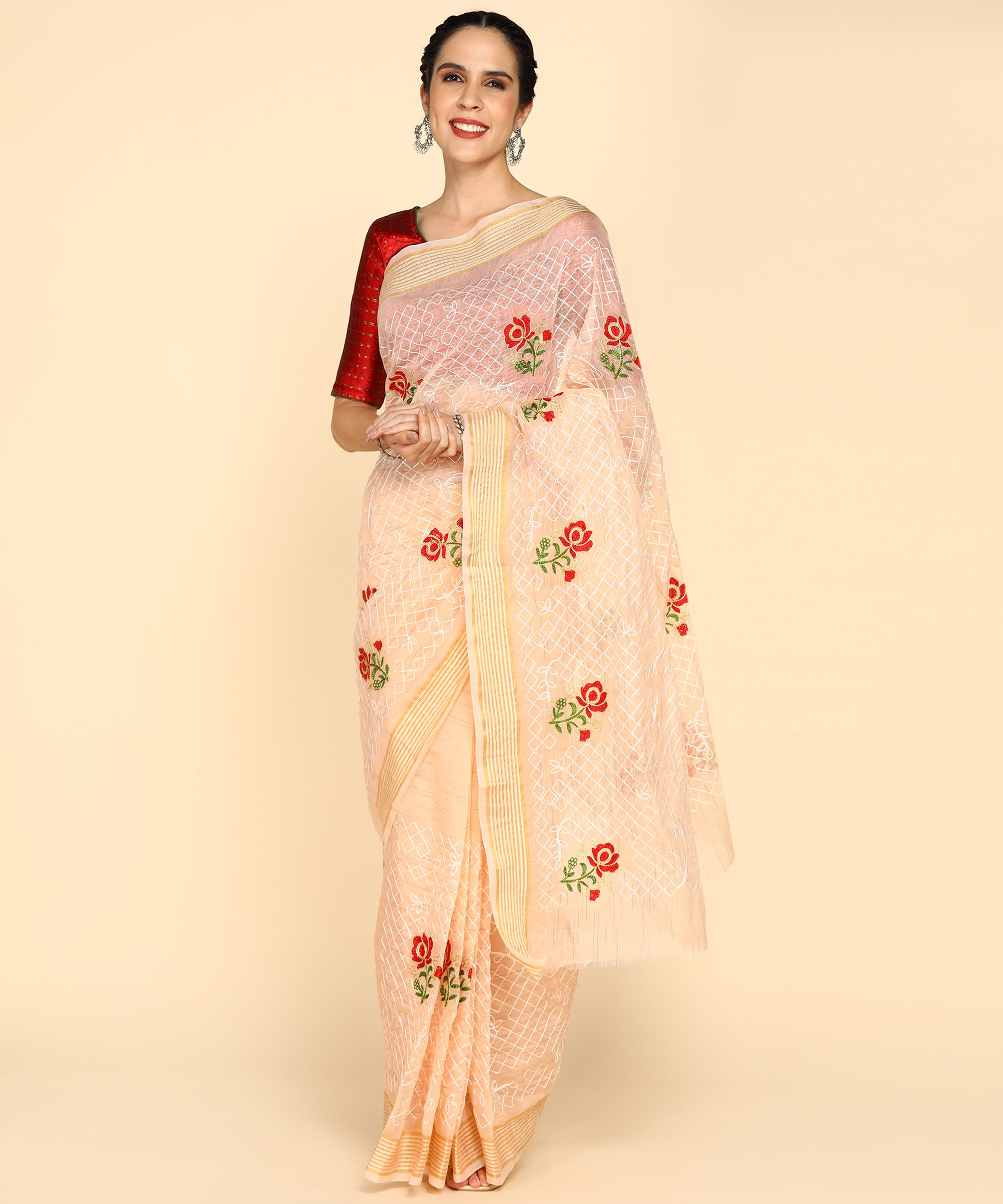 Cream Chanderi Cotton Embroidered Work Saree With Jacquard Blouse Piece