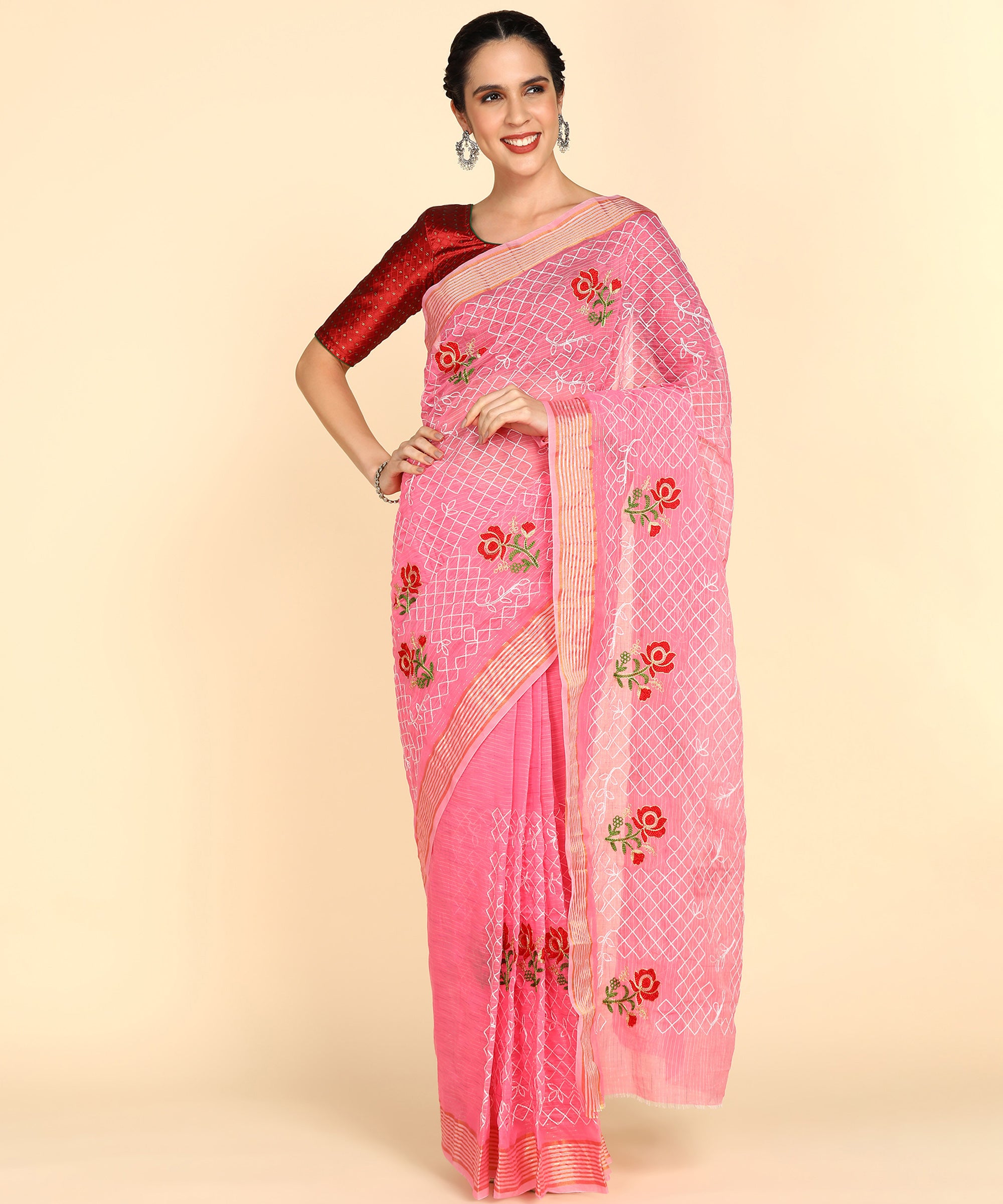Pink Chanderi Cotton Embroidered Work Saree With Jacquard Blouse Piece