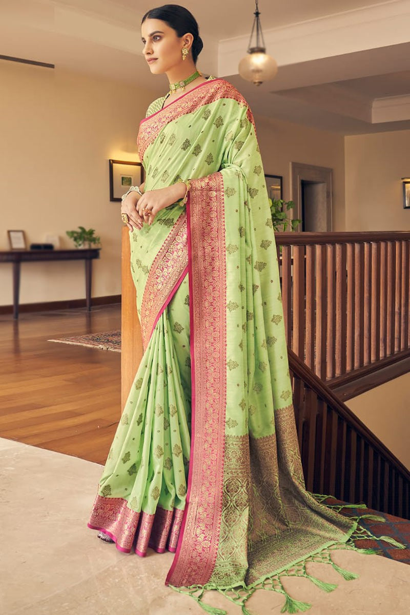 Luxuriant Pista Zari Work Soft Banarasi Silk Saree With Beautiful Blouse Piece