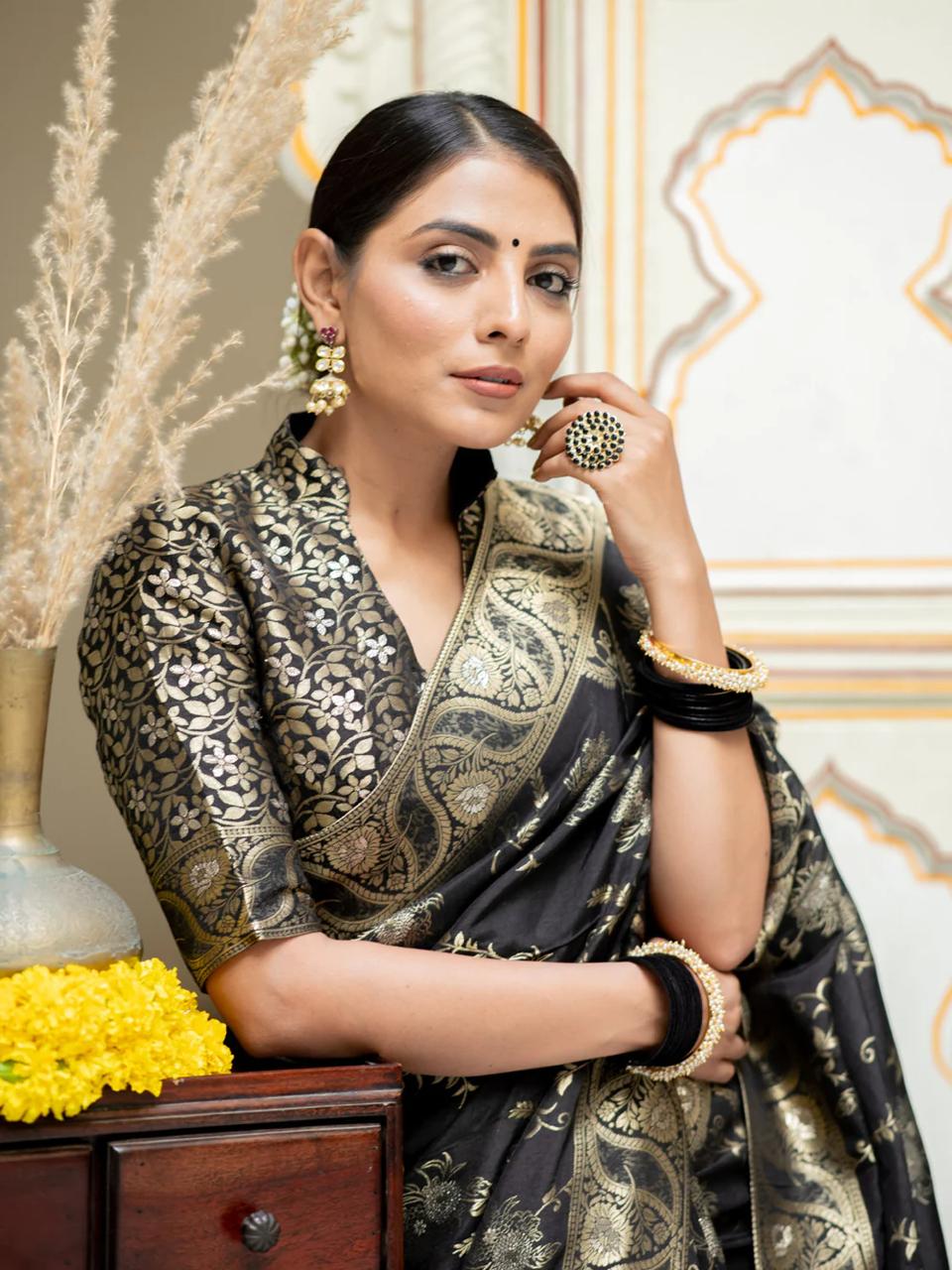 Black Banarasi Silk Saree with  Embellishments and Intricate Festive Wear