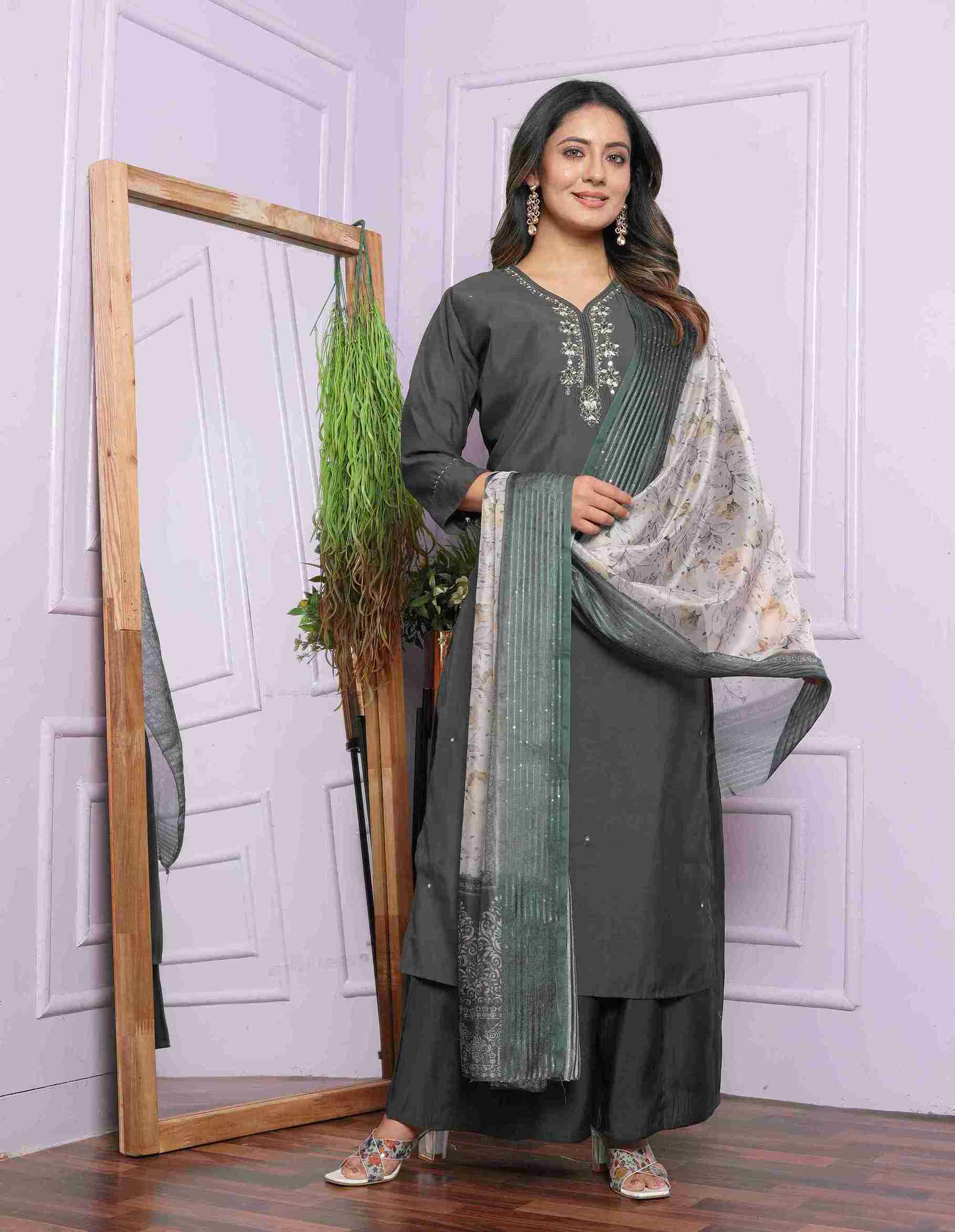 Grey Cotton Kurti Set with Dupatta