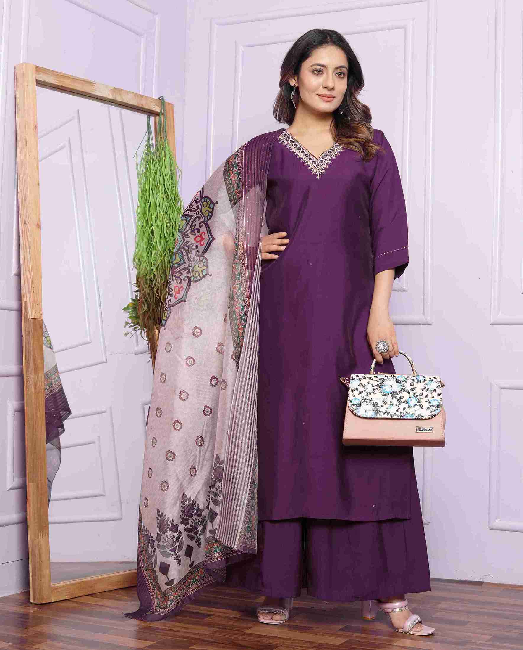 Wine Cotton Kurti Set with Dupatta