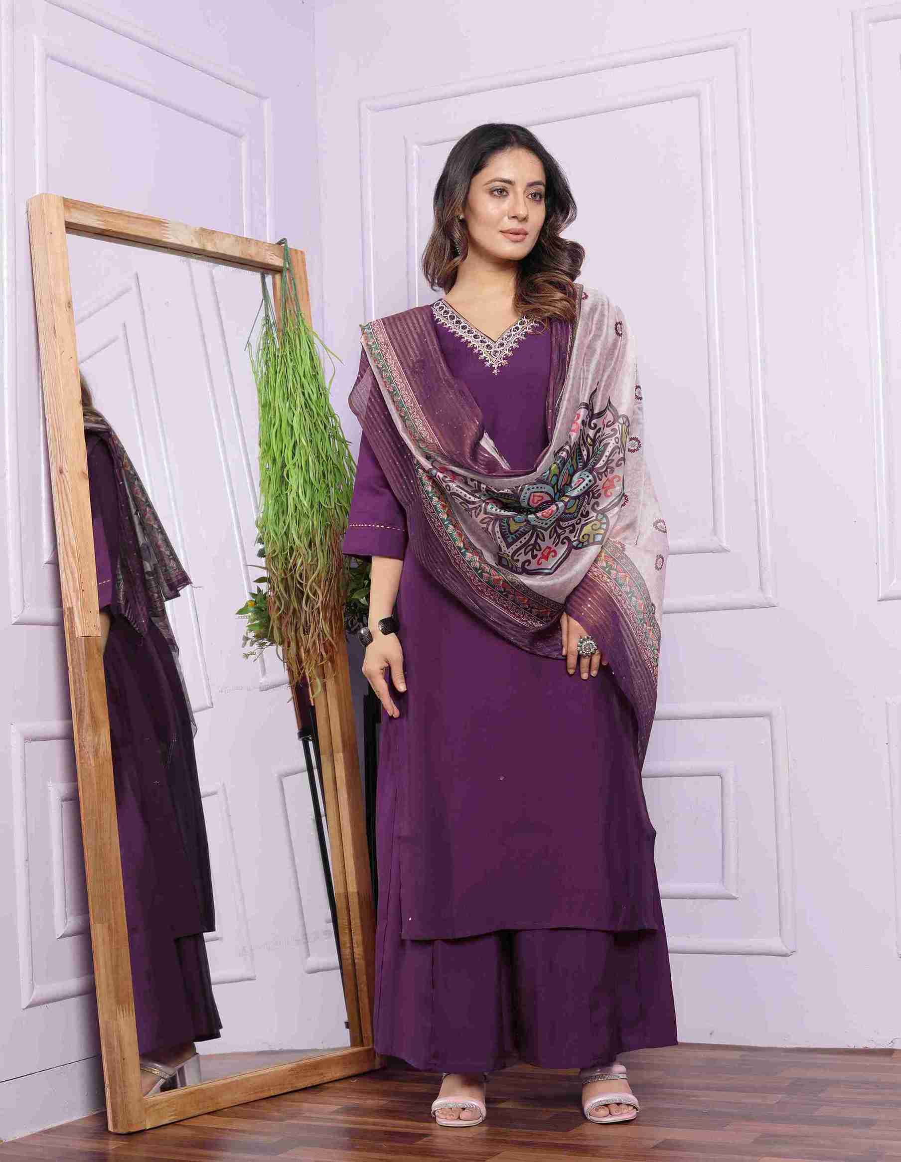 Wine Cotton Kurti Set with Dupatta