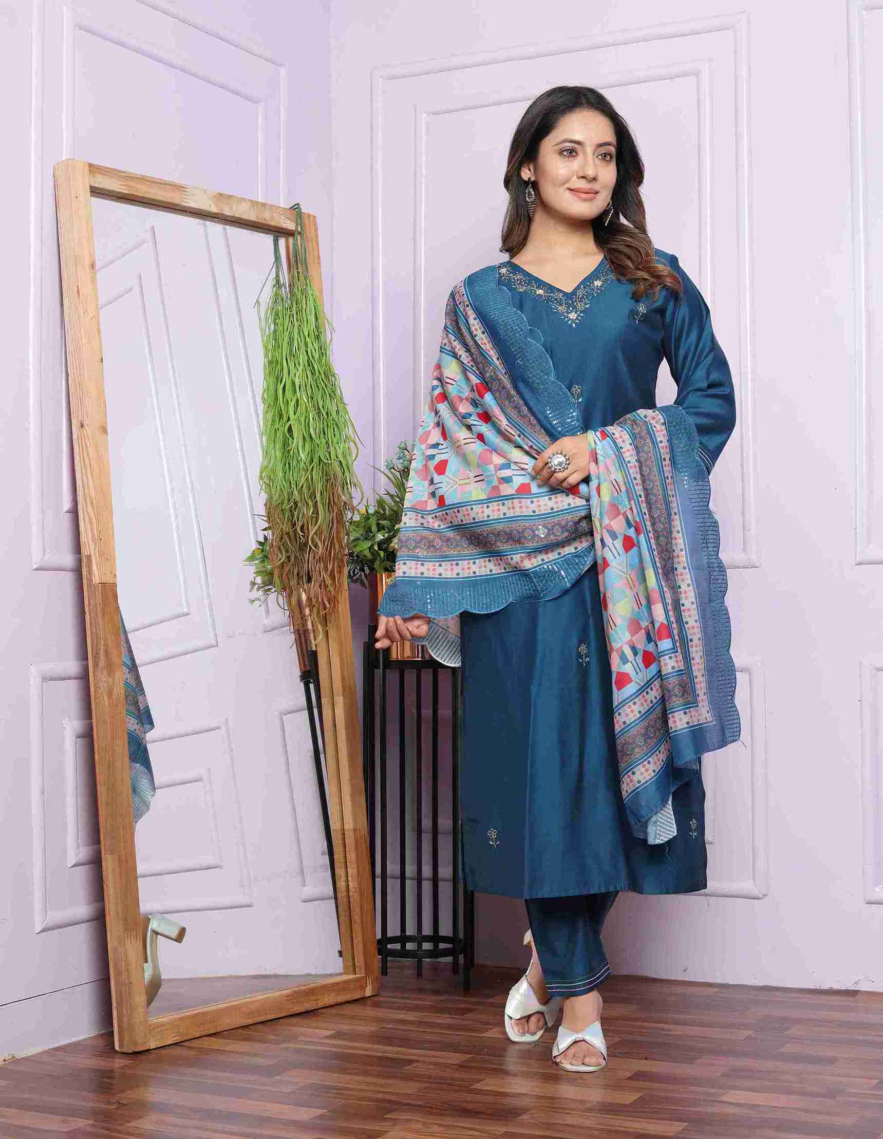 Blue Cotton Kurti Set with Dupatta