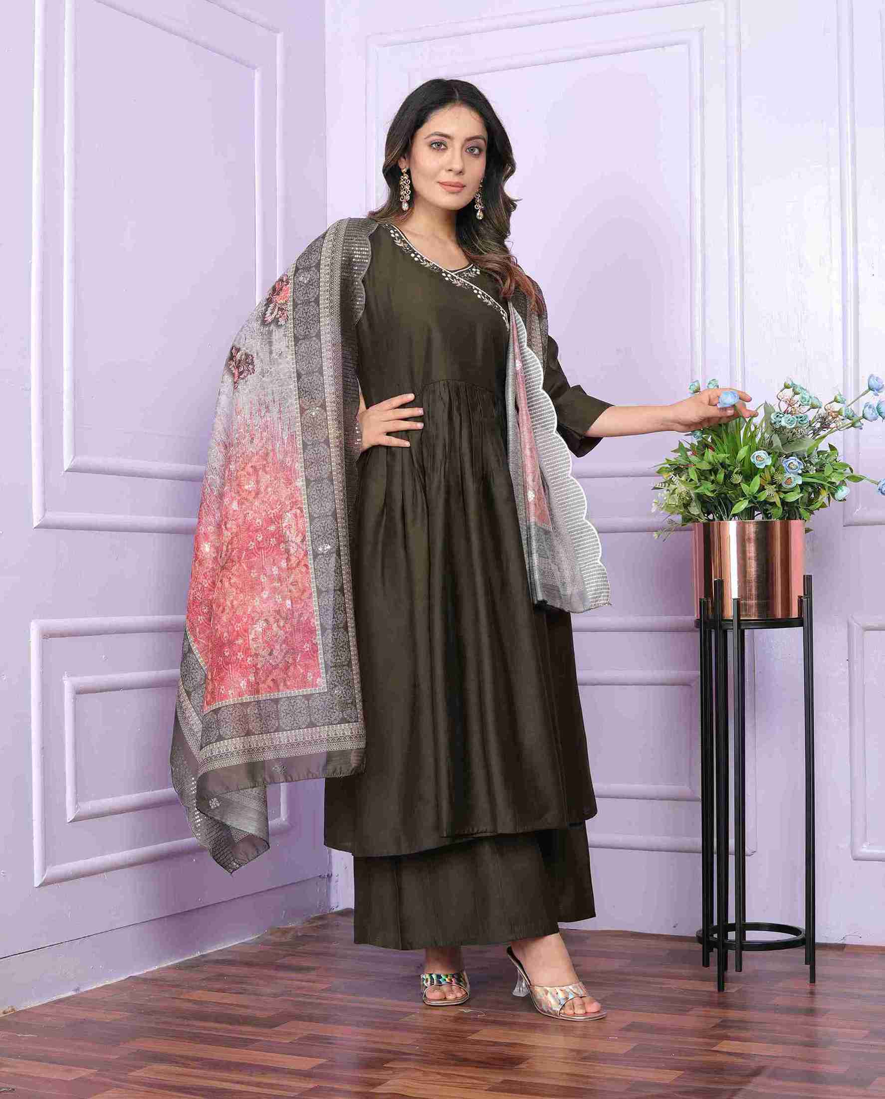 Brown Cotton Kurti Set with Dupatta