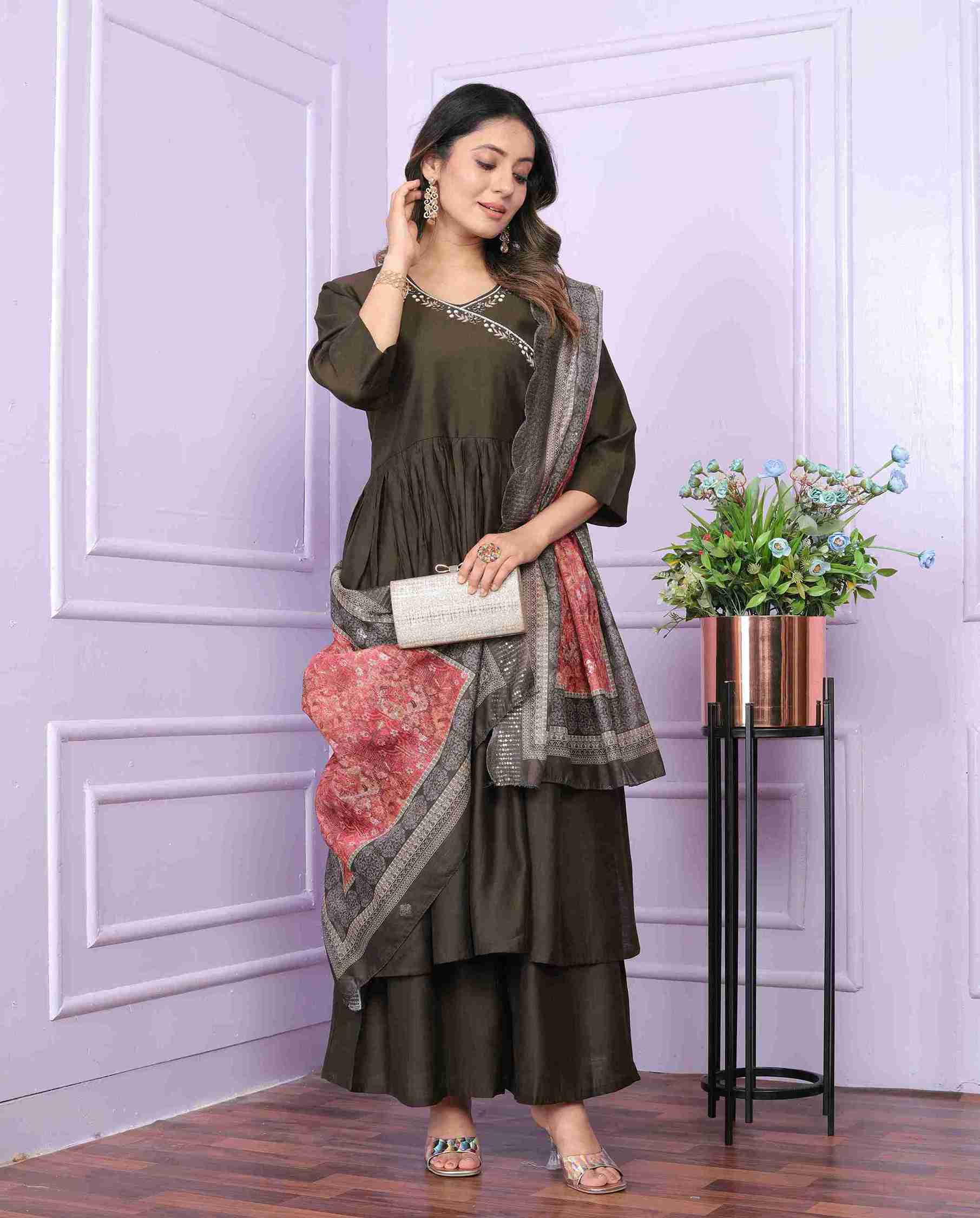 Brown Cotton Kurti Set with Dupatta