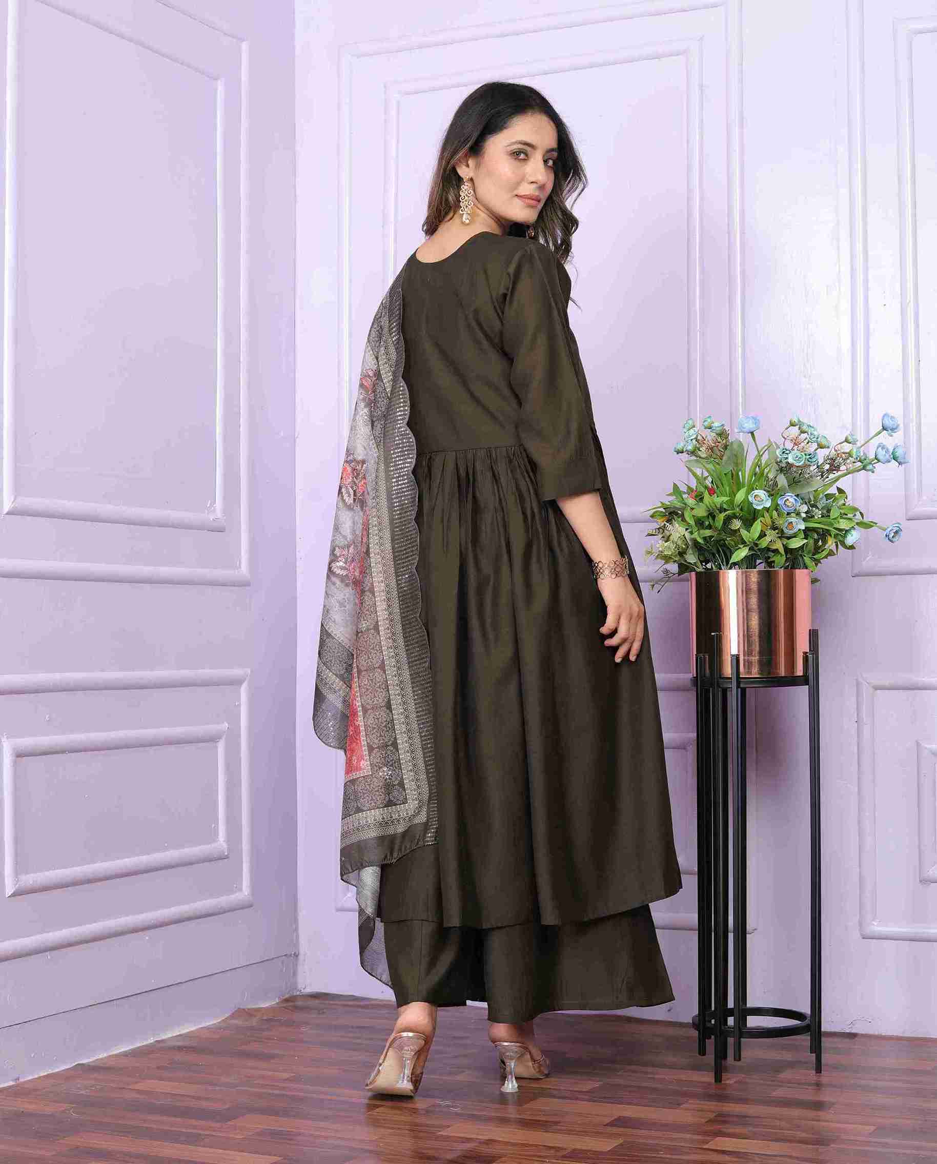 Brown Cotton Kurti Set with Dupatta