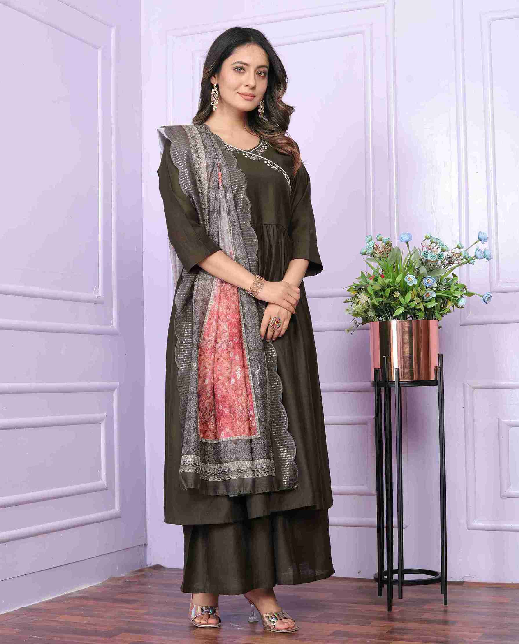 Brown Cotton Kurti Set with Dupatta