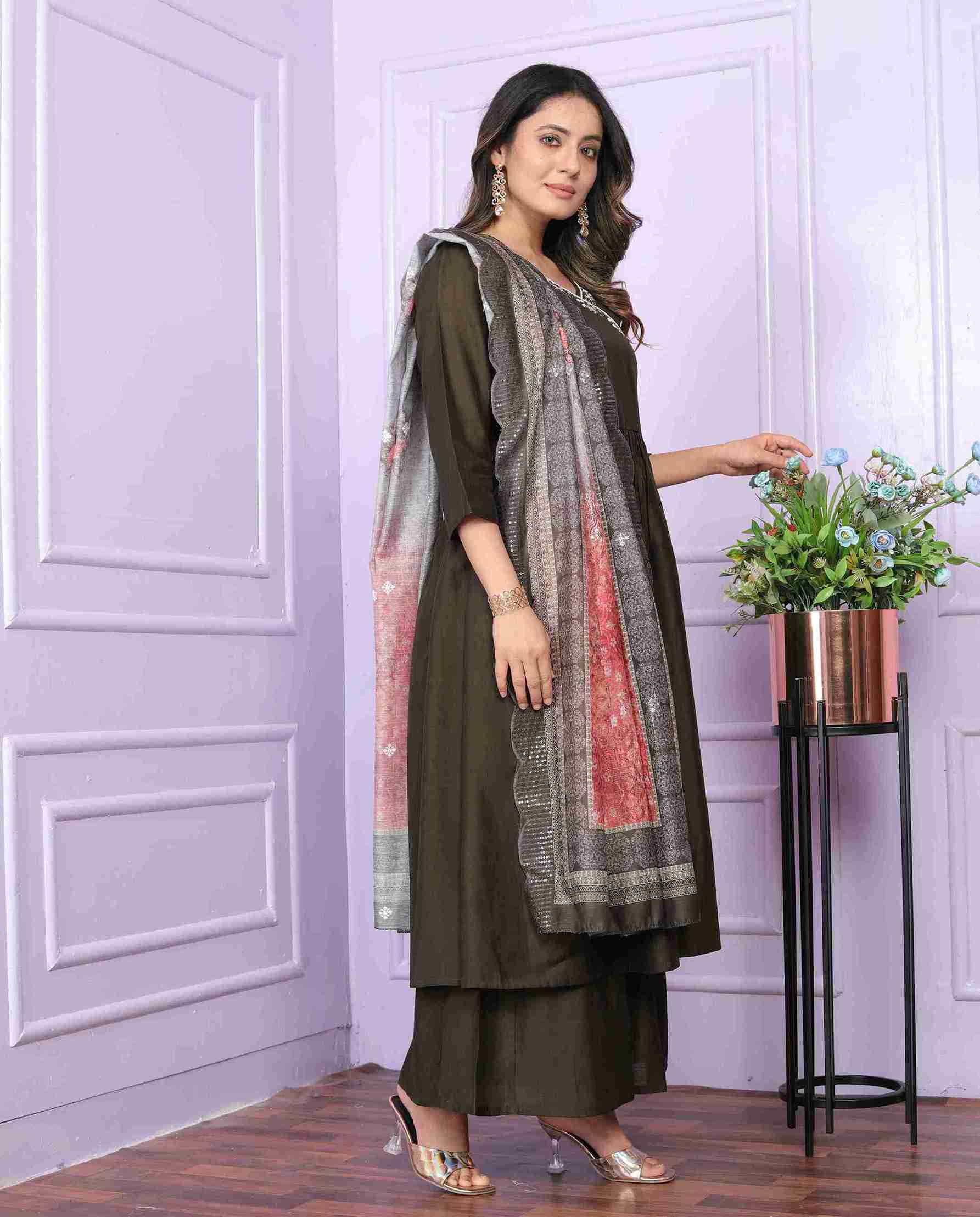 Brown Cotton Kurti Set with Dupatta