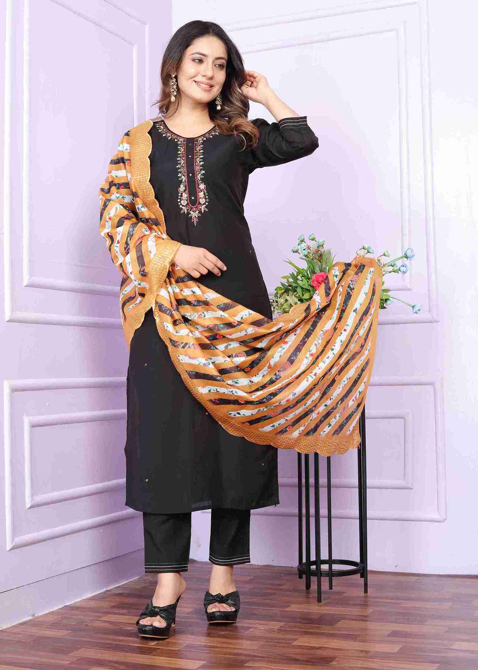 Black Cotton Kurti Set with Dupatta