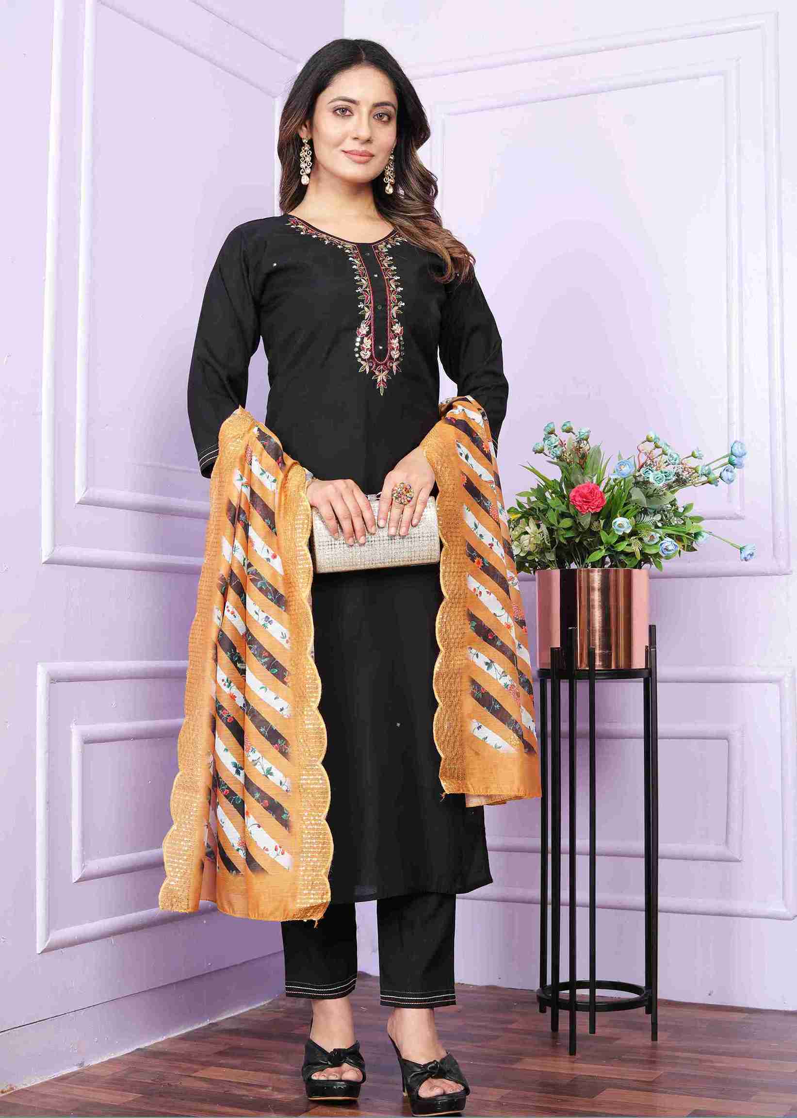 Black Cotton Kurti Set with Dupatta