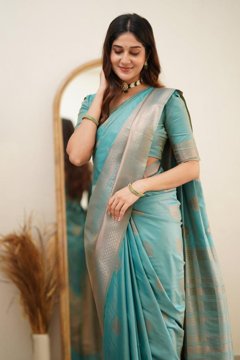 Turquoise Soft Silk Saree With Tempting Blouse Piece