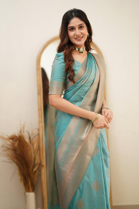 Turquoise Soft Silk Saree With Tempting Blouse Piece