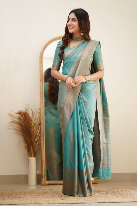 Turquoise Soft Silk Saree With Tempting Blouse Piece