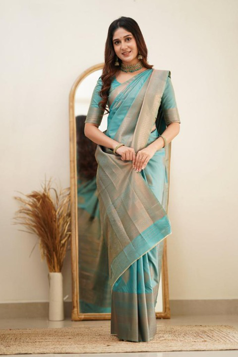 Turquoise Soft Silk Saree With Tempting Blouse Piece