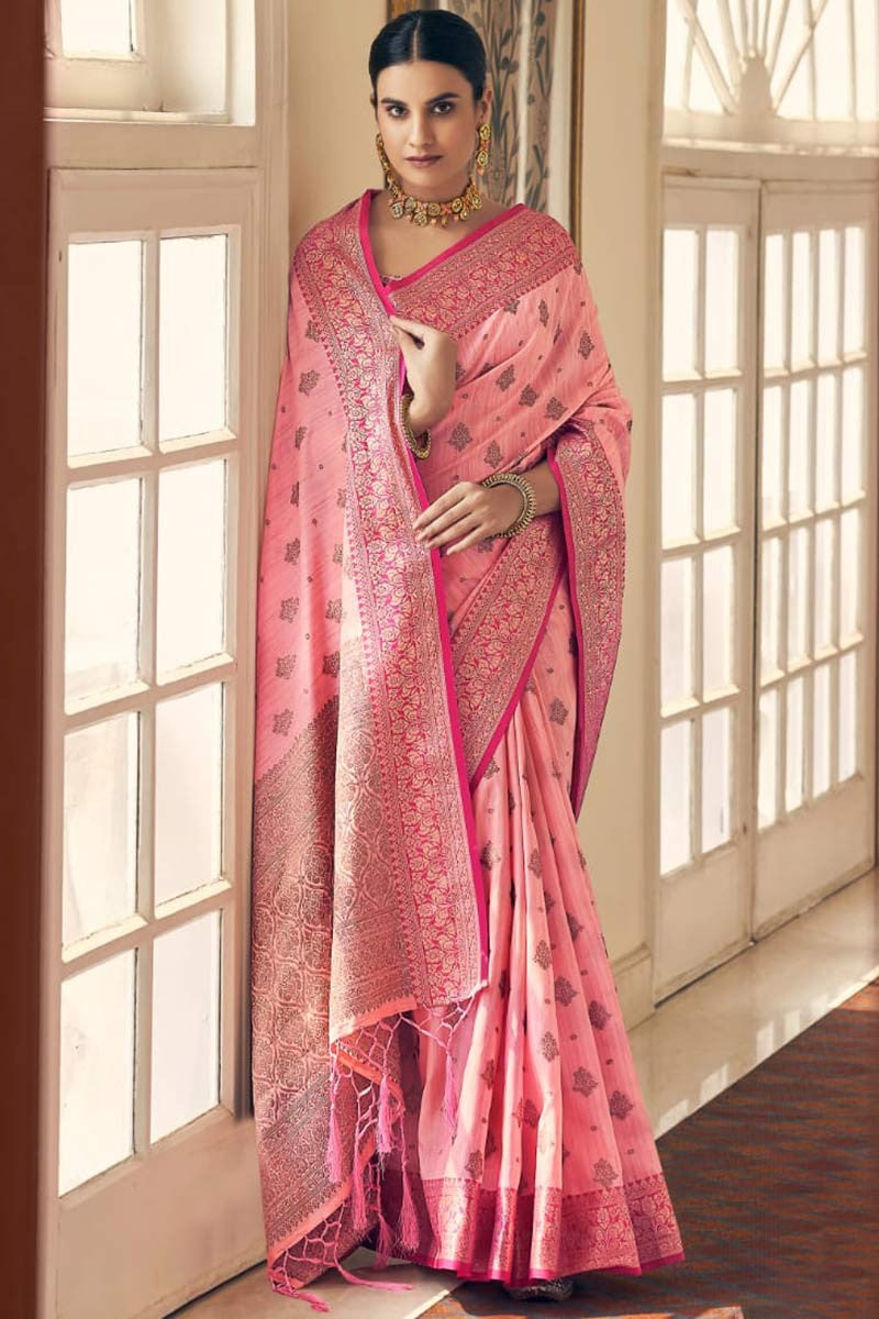 Luxuriant Pink Zari Work Soft Banarasi Silk Saree With Beautiful Blouse Piece