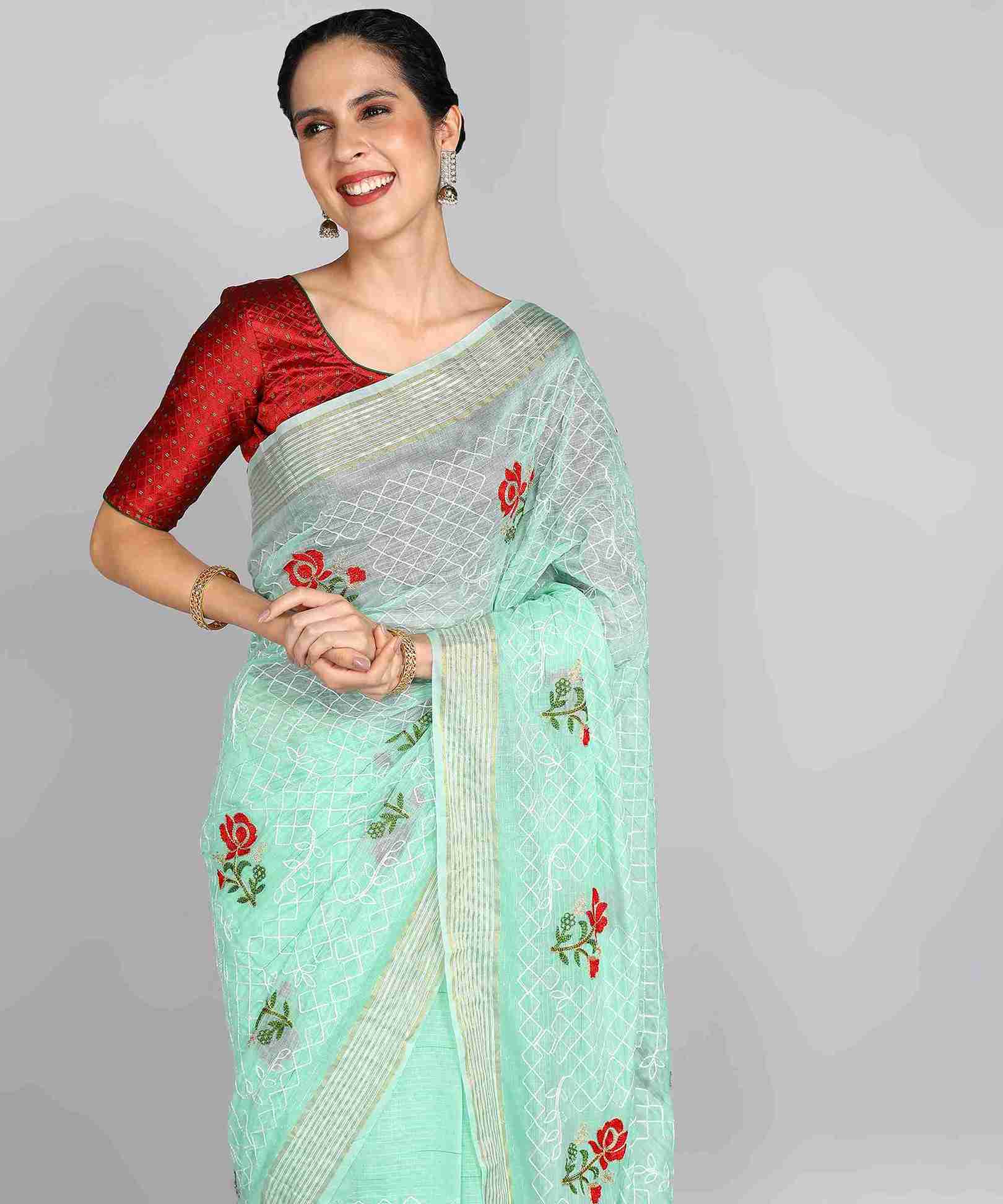 Light Blue Chanderi Silk Embroidered Work Saree With Jacquard Blouse Piece