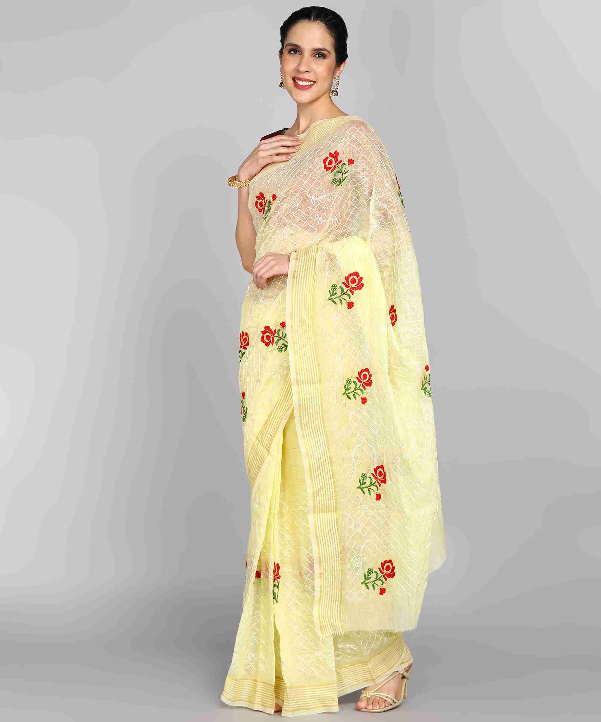 Light Yellow Chanderi  Embroidered Work Saree With Jacquard Blouse Piece