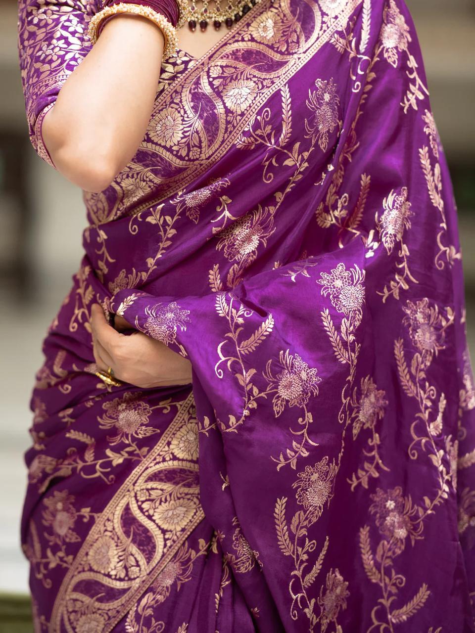 Purple Banarasi Silk Saree with  Embellishments and Intricate Festive Wear