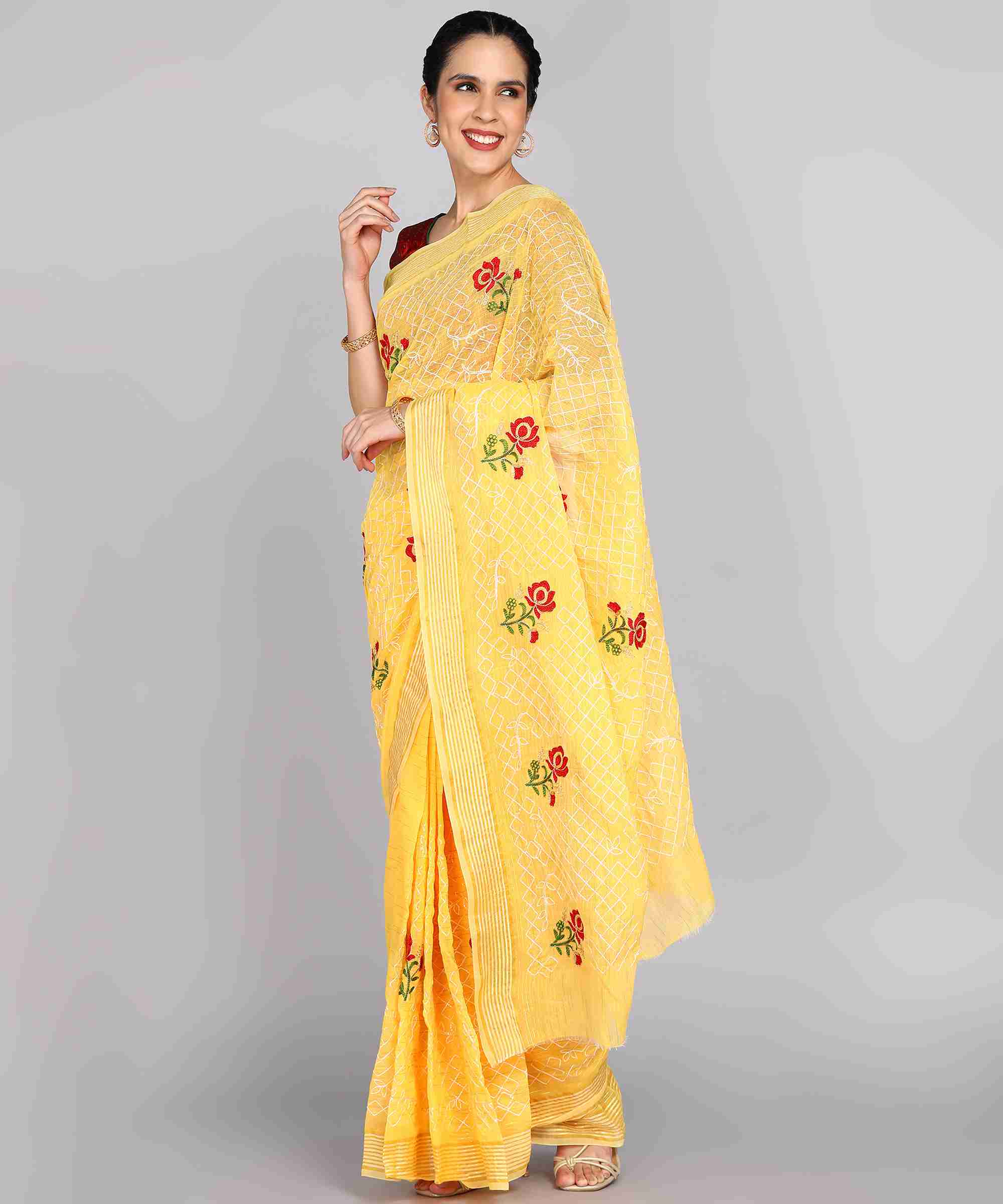 Yellow Chanderi  Embroidered Work Saree With Jacquard Blouse Piece