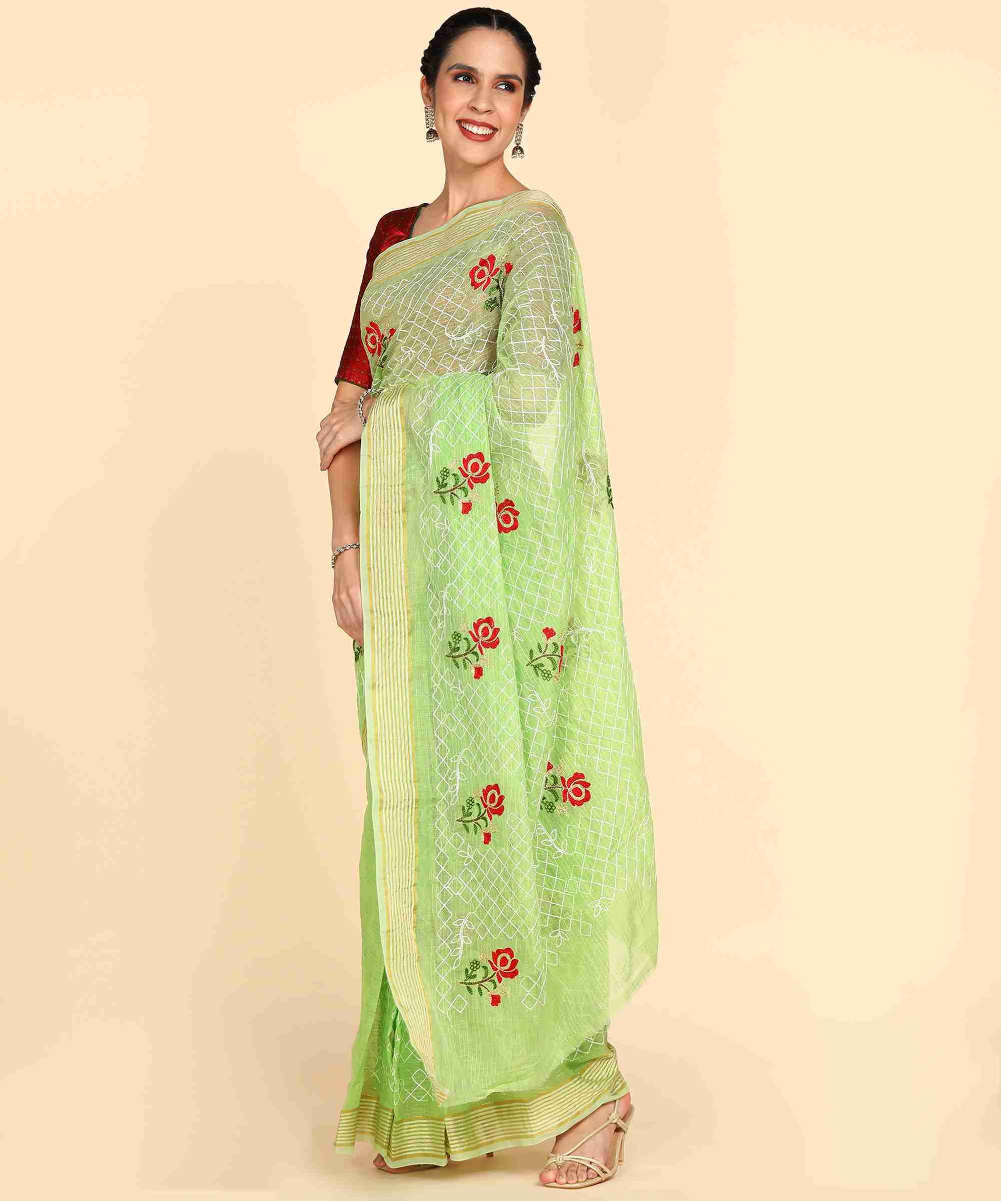 light pista green Chanderi Cotton Embroidered Work Saree With Jacquard Blouse Piece