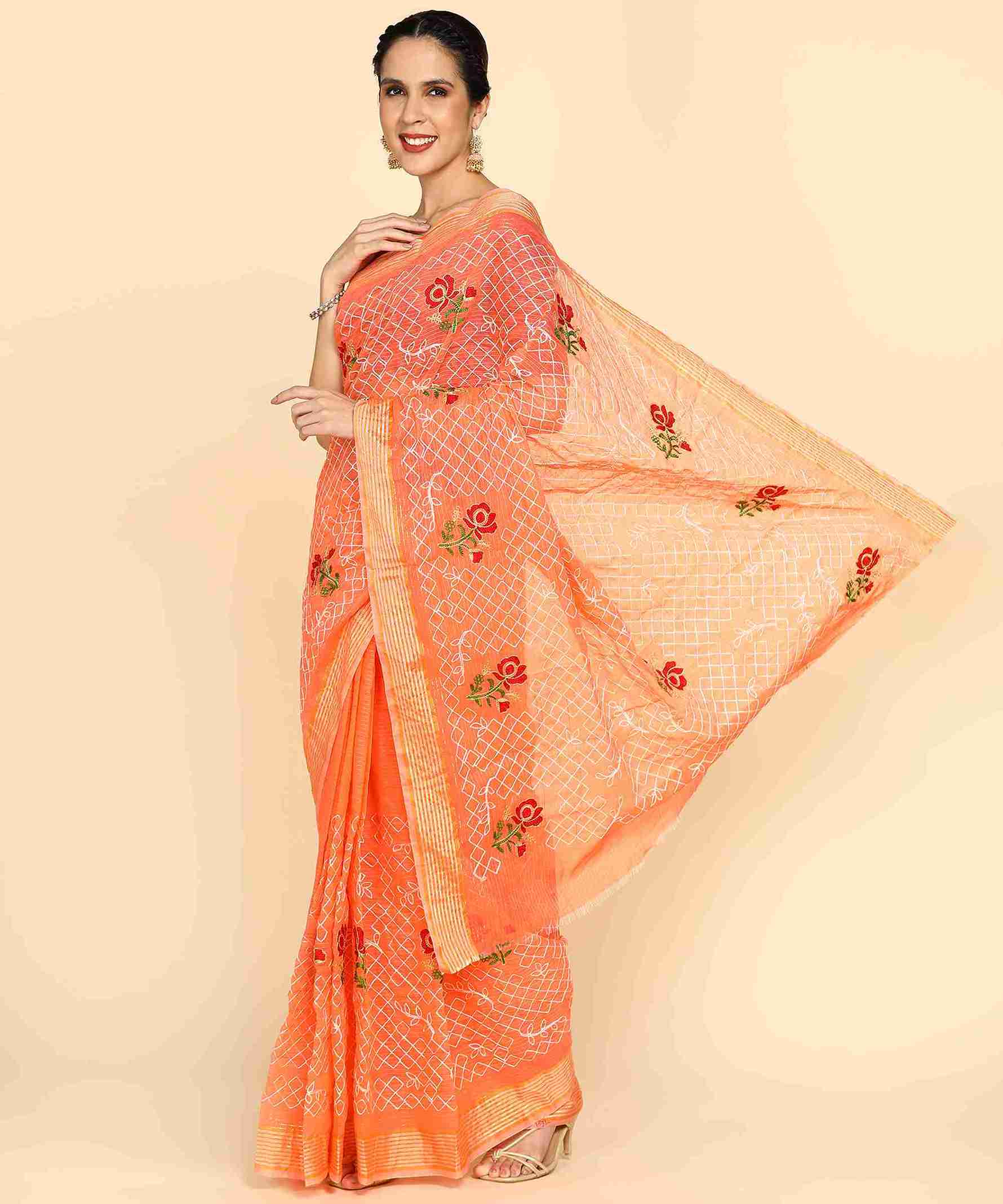 Orange Chanderi Cotton Embroidered Work Saree With Jacquard Blouse Piece