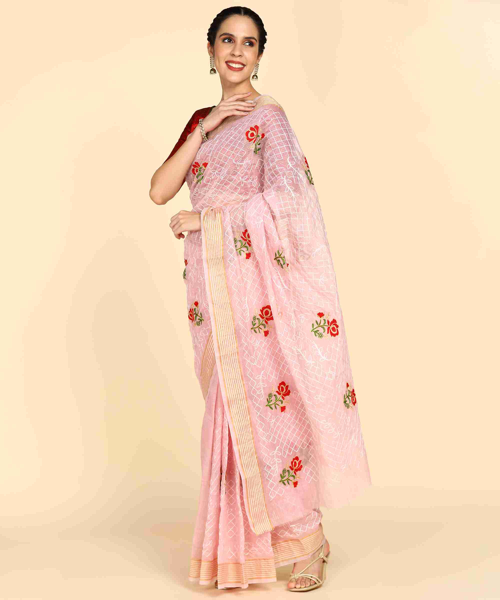 Light Pink Chanderi Cotton Embroidered Work Saree With Jacquard Blouse Piece