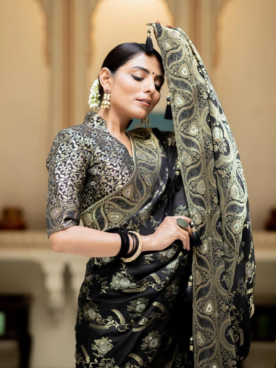 Black Banarasi Silk Saree with  Embellishments and Intricate Festive Wear