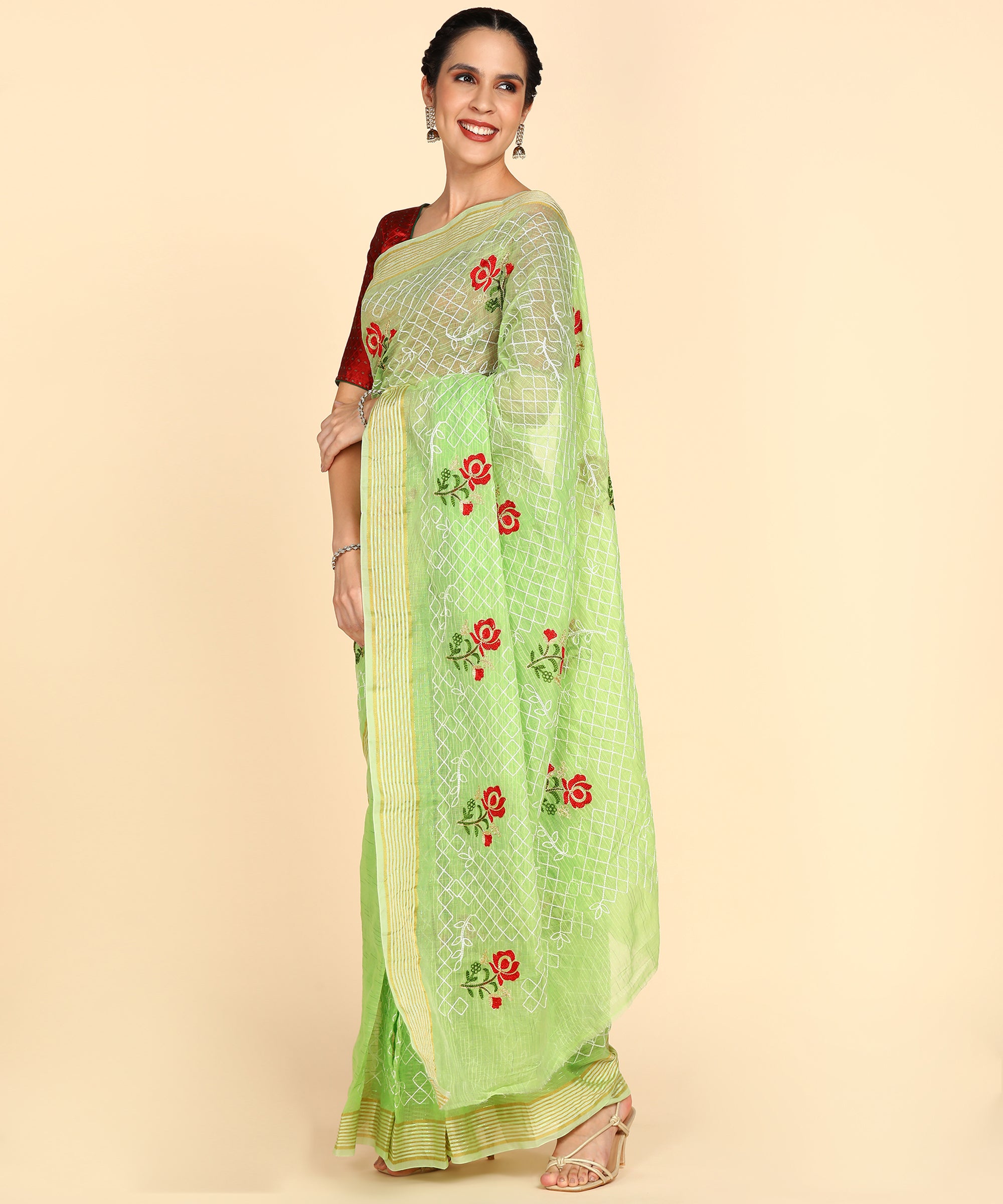 light pista green Chanderi Cotton Embroidered Work Saree With Jacquard Blouse Piece