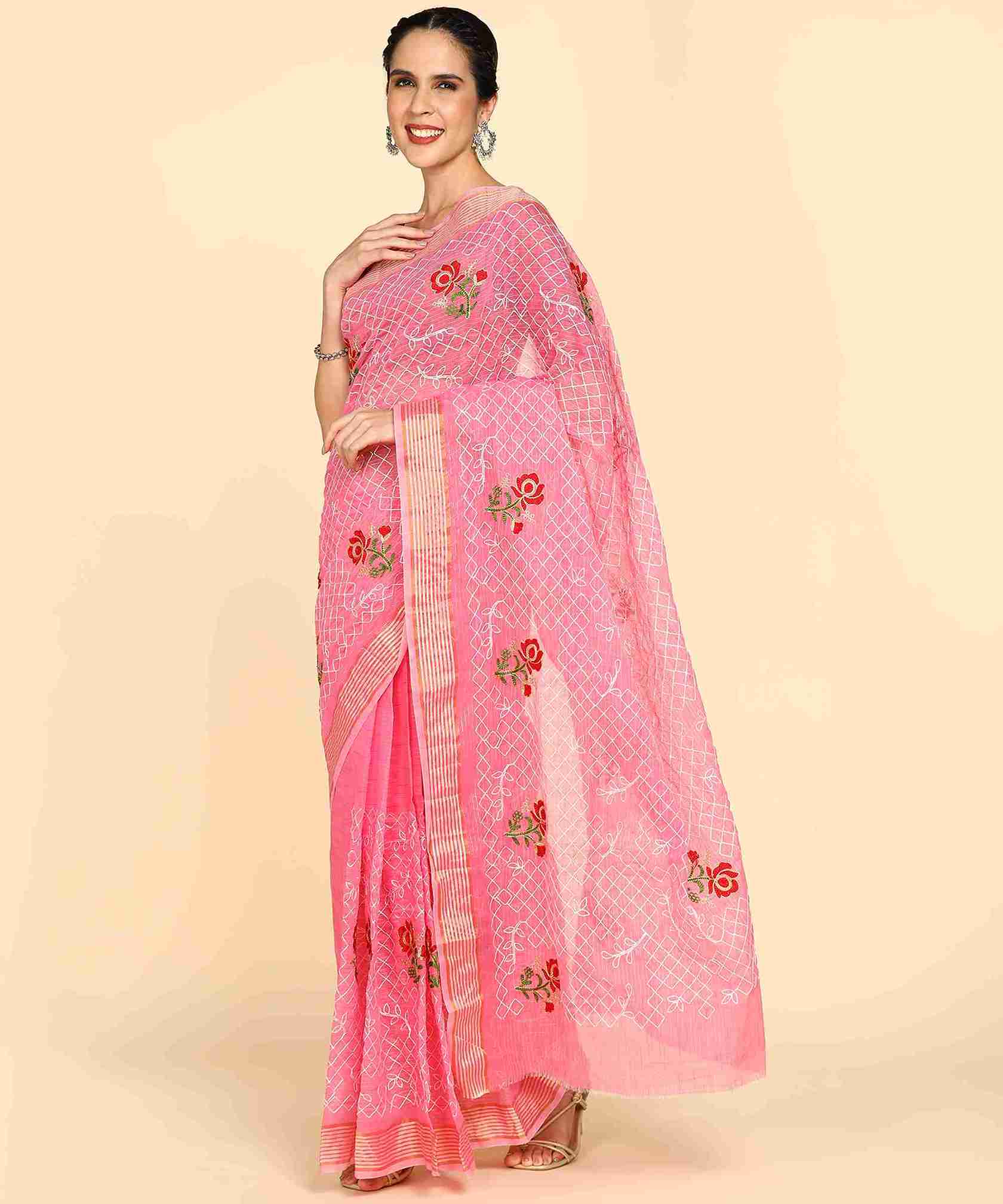 Pink Chanderi Cotton Embroidered Work Saree With Jacquard Blouse Piece