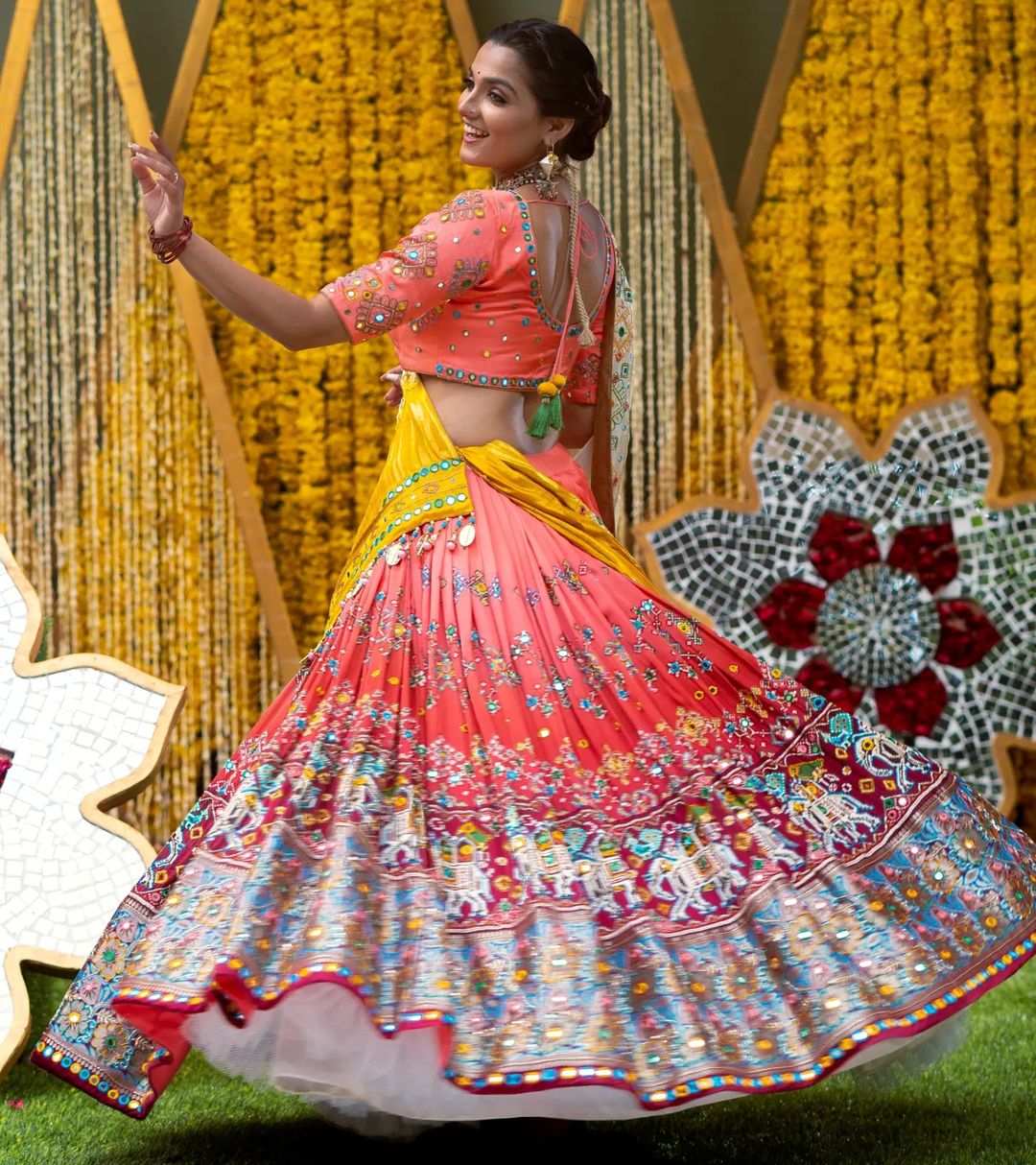 Peach LENGHA CHOLI WITH REAL MIRROR WORK AND ATTACHED DUPATTA