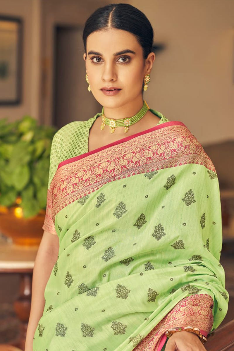 Luxuriant Pista Zari Work Soft Banarasi Silk Saree With Beautiful Blouse Piece