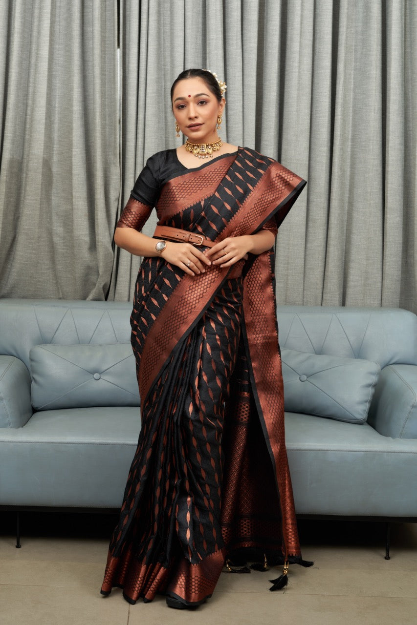 Black Soft Silk Saree With Mellifluous Blouse Piece